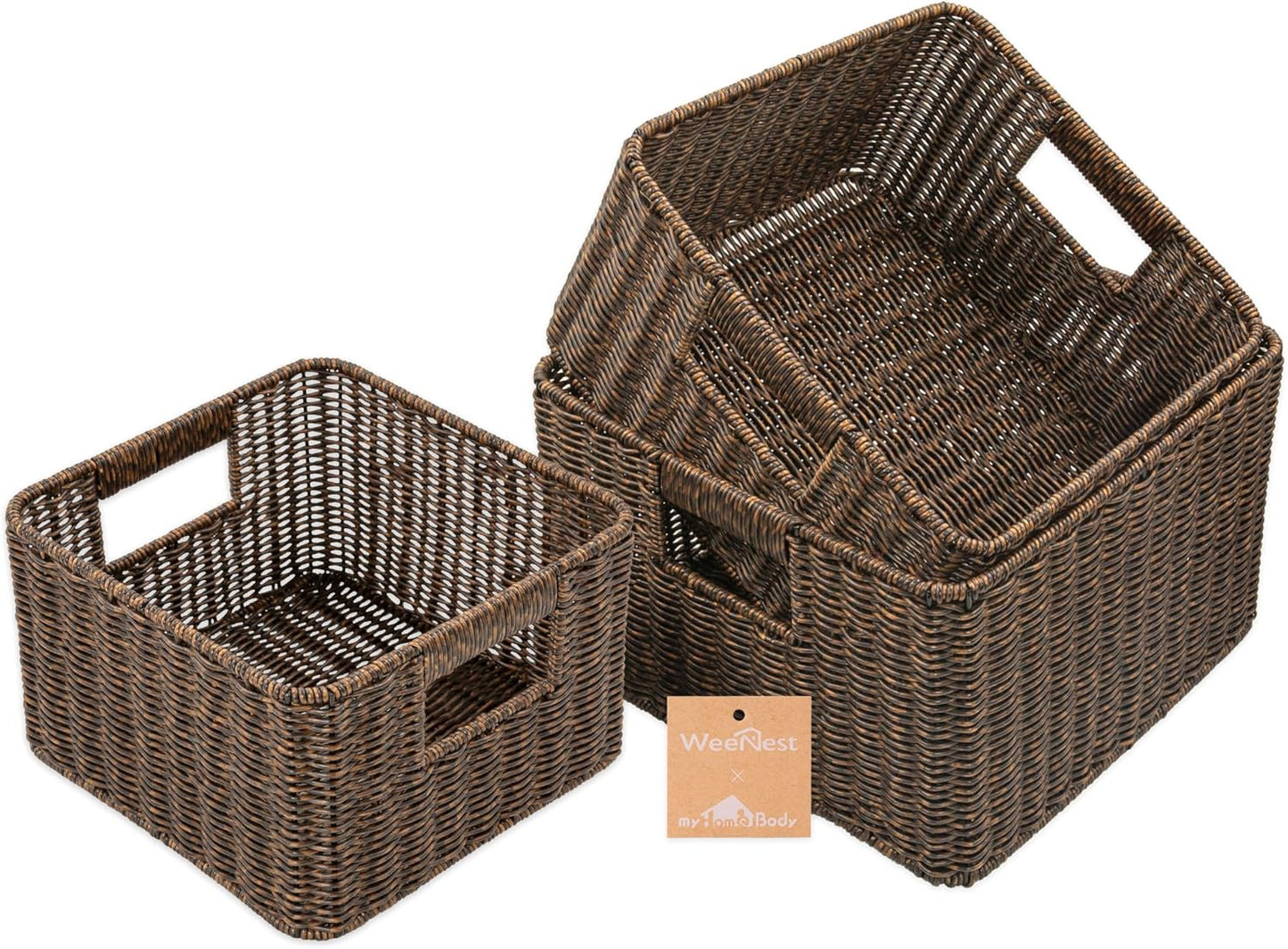 myHomeBody Wicker Storage Basket, Storage Cubes, Resin Wicker, Tan | Set of 3, Woven Baskets for Organizing, Wicker Baskets for Shelf, Large Cube Storage Organizer