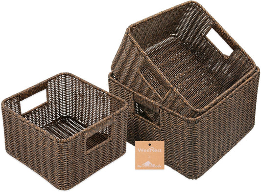 myHomeBody Wicker Storage Basket, Storage Cubes, Resin Wicker, Rustic Brown | Set of 3, Woven Baskets for Organizing, Wicker Baskets for Shelf, Large Cube Storage Organizer