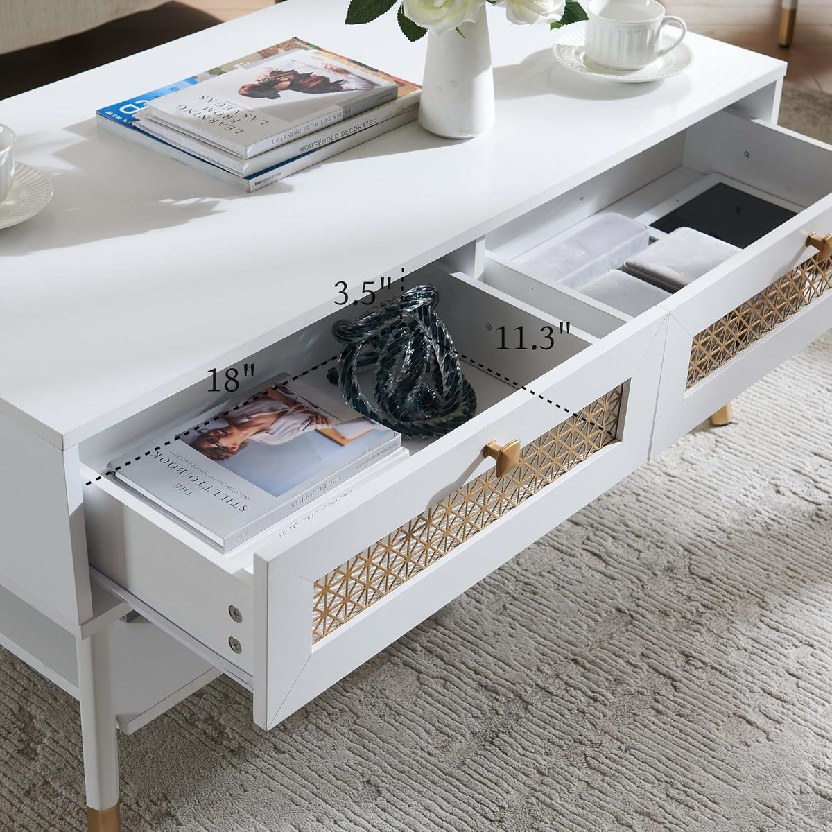 Wooden Mid Century Modern Coffee Table, Retangle Accent Center Table with Two Drawers, Coffee Tables for Living Room, White