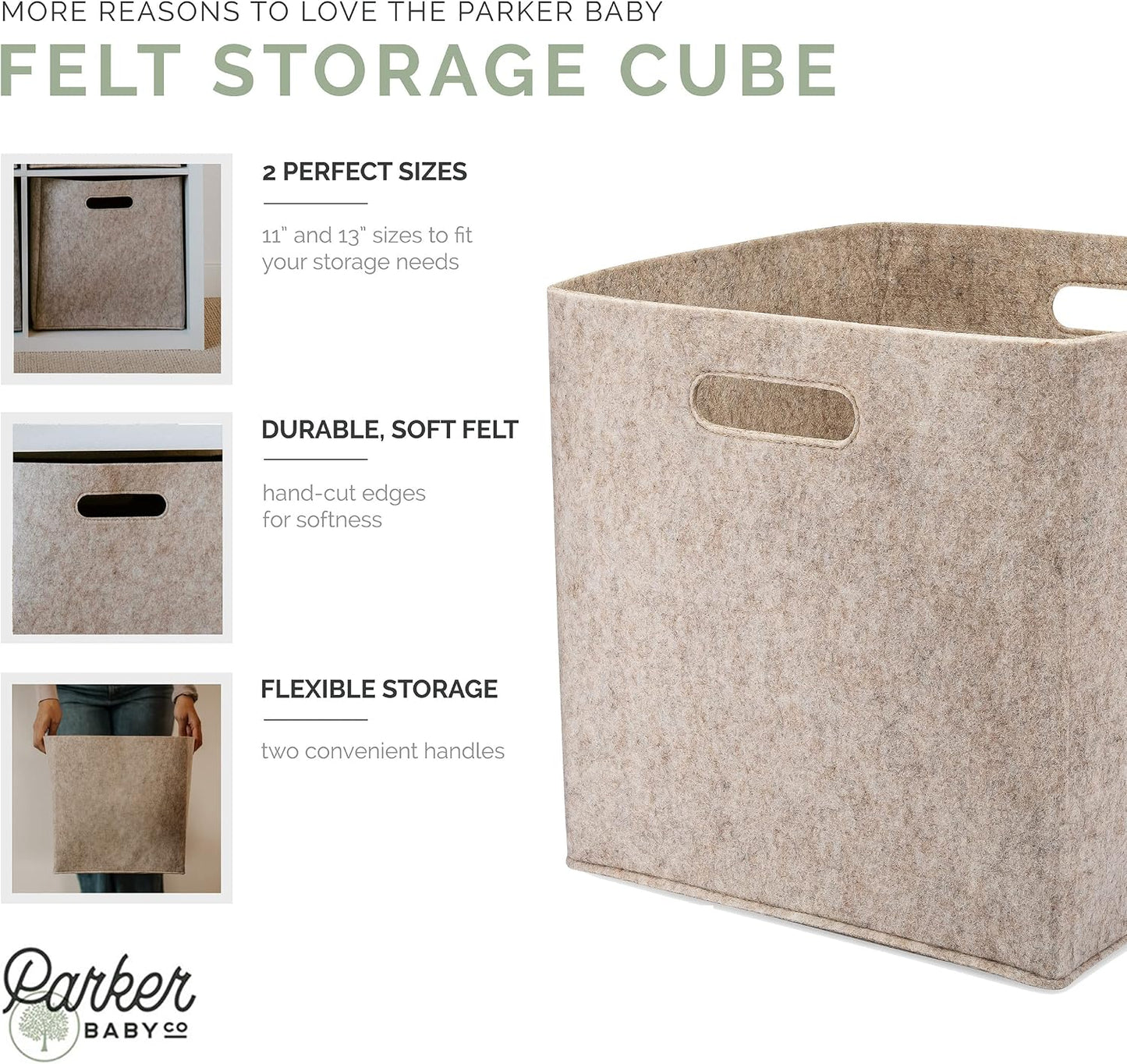Parker Baby Co Foldable Felt Storage Cube Bin, 11 Inch Storage Bin: Oatmeal | Collapsible cubby basket stores diapers, toys, blankets & closet essentials. Soft felt fabric, flexible & foldable structure