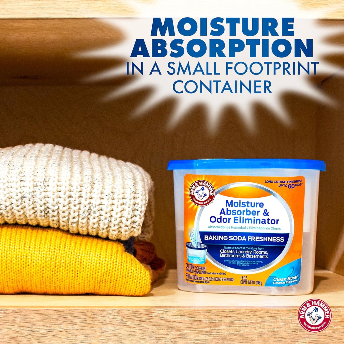 Arm & Hammer Clean Burst Moisture Absorber and Odor Eliminator Tubs, 14 oz., 3 Pack, Attract and Trap Excess Moisture, Eliminate Musty Odors, Convenient and Effective