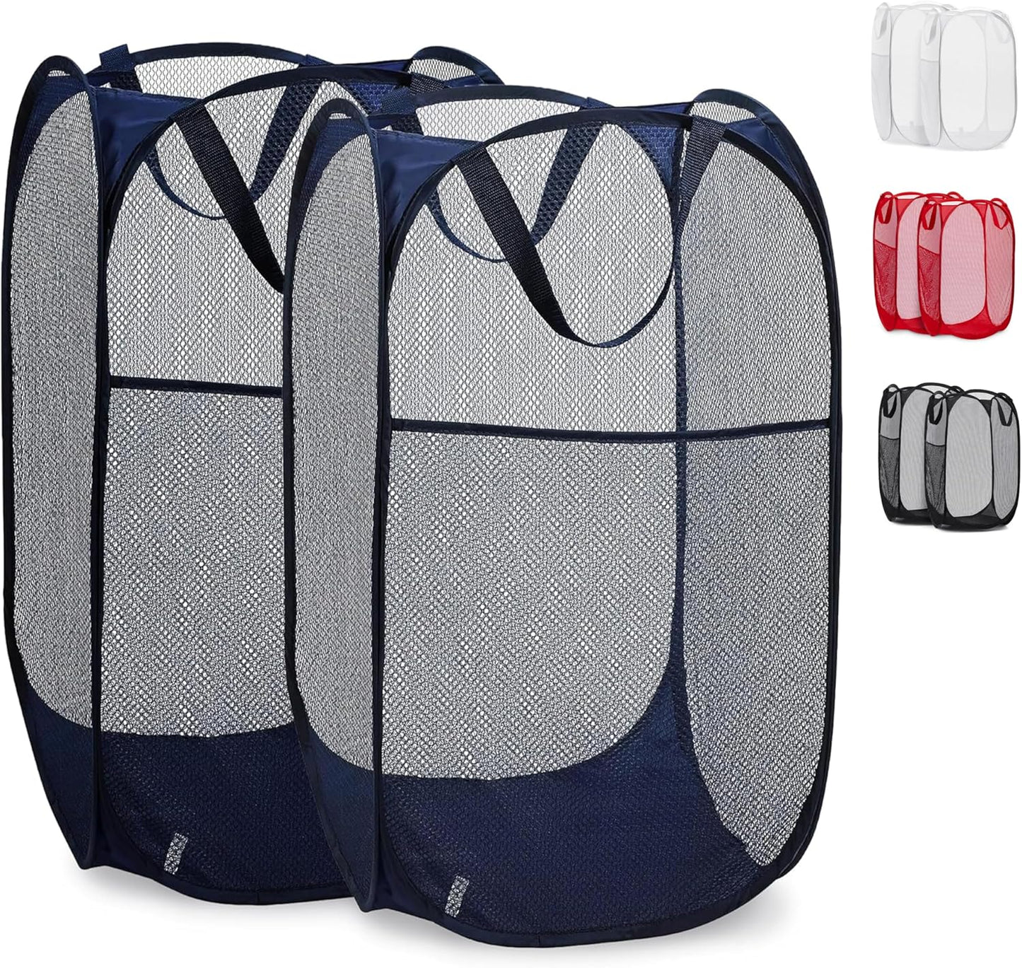 Handy Laundry Collapsible Mesh Pop Up Laundry Hamper 2-Pack – Large Foldable Laundry Basket with Side Pocket, Breathable & Durable, Space-Saving for Clothes, Toys, Travel, Dorm, Bedroom, Blue