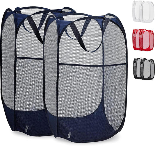 Handy Laundry Collapsible Mesh Pop Up Laundry Hamper 2-Pack – Large Foldable Laundry Basket with Side Pocket, Breathable & Durable, Space-Saving for Clothes, Toys, Travel, Dorm, Bedroom, Blue