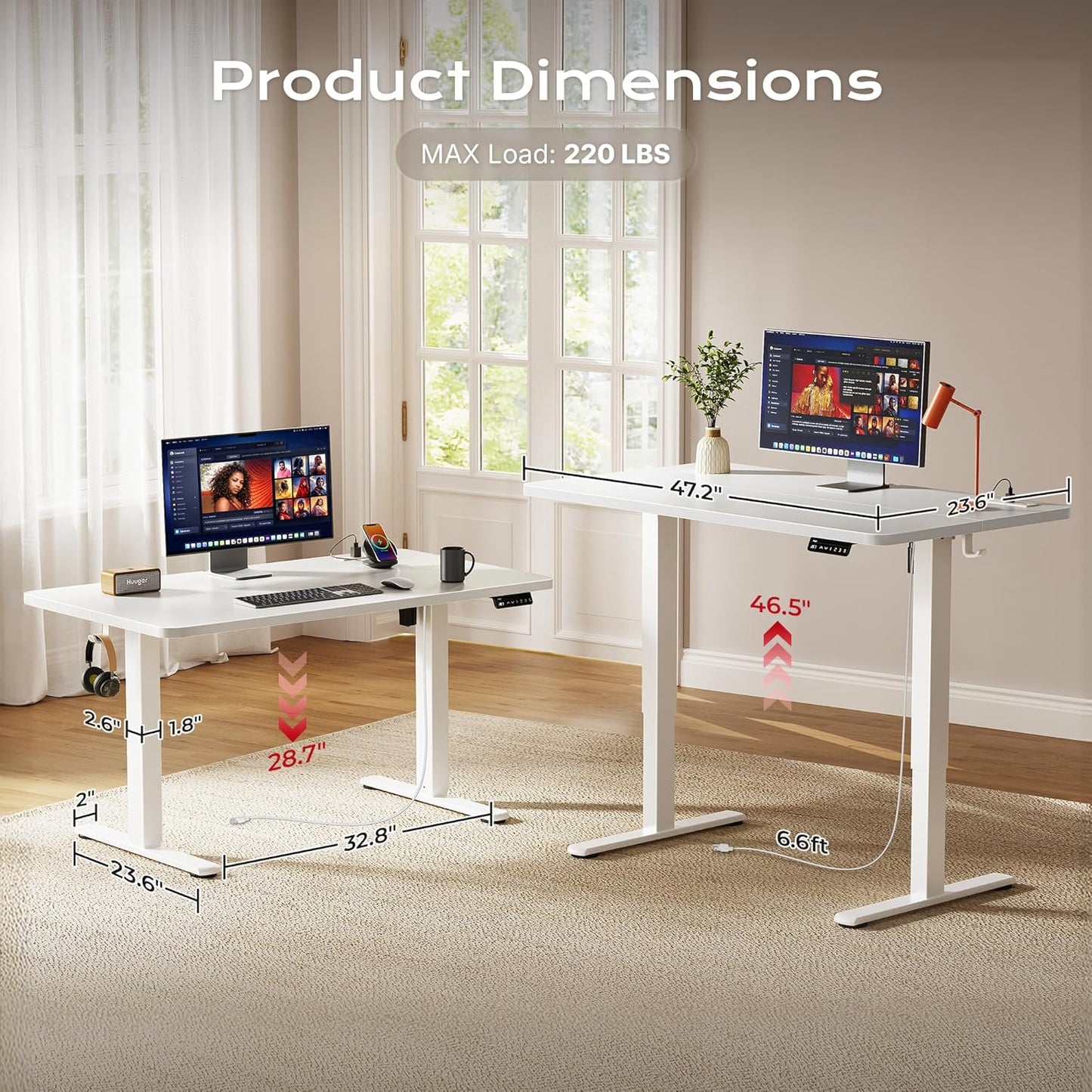 Huuger Electric Standing Desk with Power Outlets and USB-C Port, 47 X 24 Inch Height Adjustable Desk, Sit Stand Desk for Home Office, Computer & Gaming Desk with 4 Presets, Stable Steel Frame, White