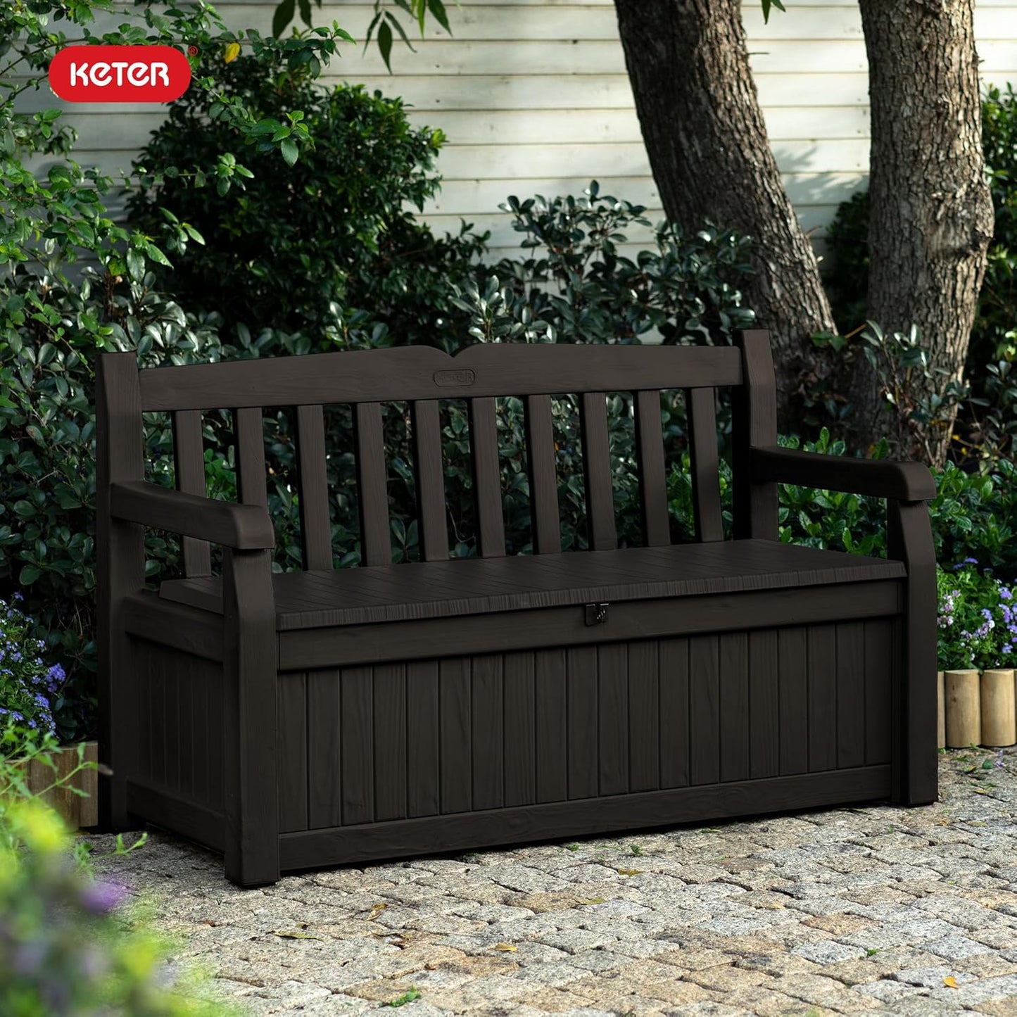 Keter Solana 70 Gallon Storage Bench Deck Box for Patio Furniture, Front Porch Decor and Outdoor Seating – Perfect to Store Garden Tools and Pool Toys, Brown/Brown