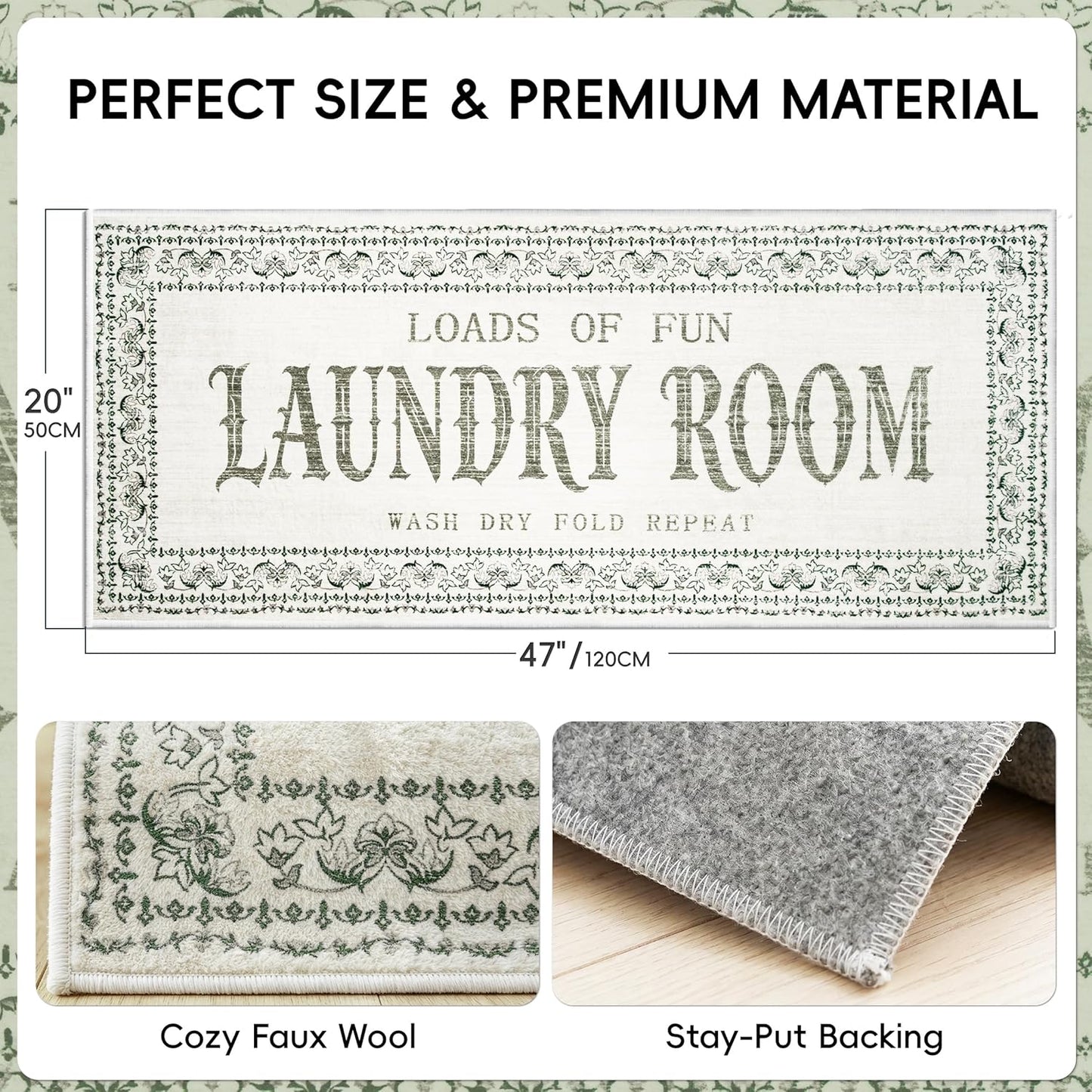 Laundry Room Rug 20"x47", Washable Boho Laundry Runner Rug with Non-Slip TPE Backing, Faux Wool Laundry Mat for Washer and Dryer, Soft Low-Profile Laundry Room Decor Rug for Kitchen, Hallway, Beige