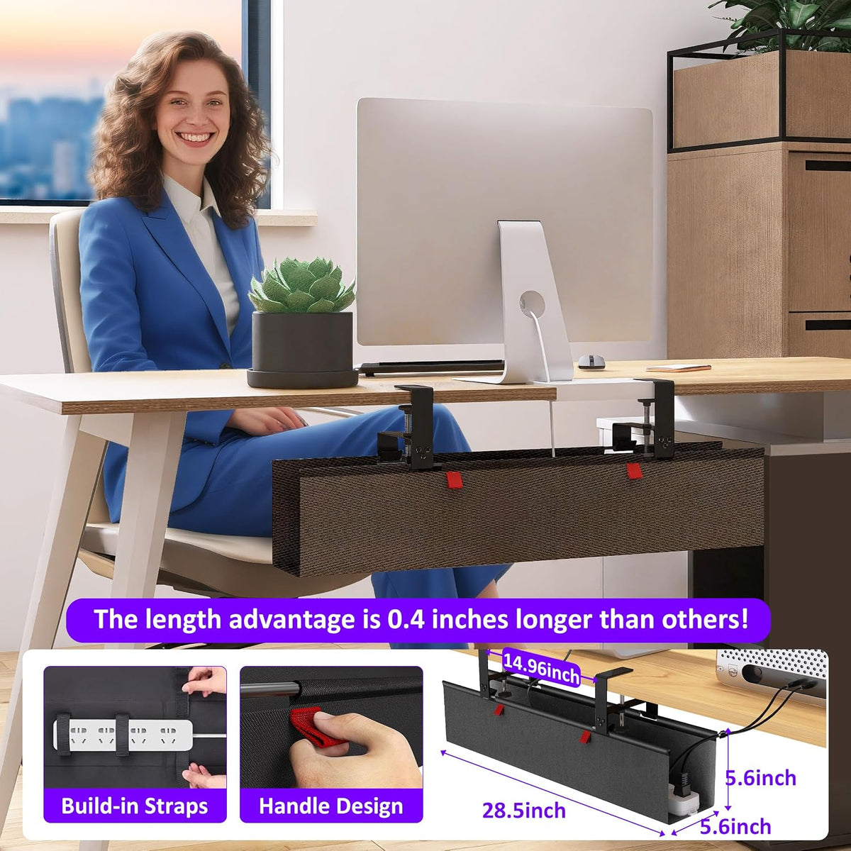 Under Desk Cable Management Tray - Under Desk Cord Management - Clamp/Screw Mount - Fabric Wire Management - Cable Raceways Tray Cord Hiders for Office/Home (Black, 28.5×5.6")