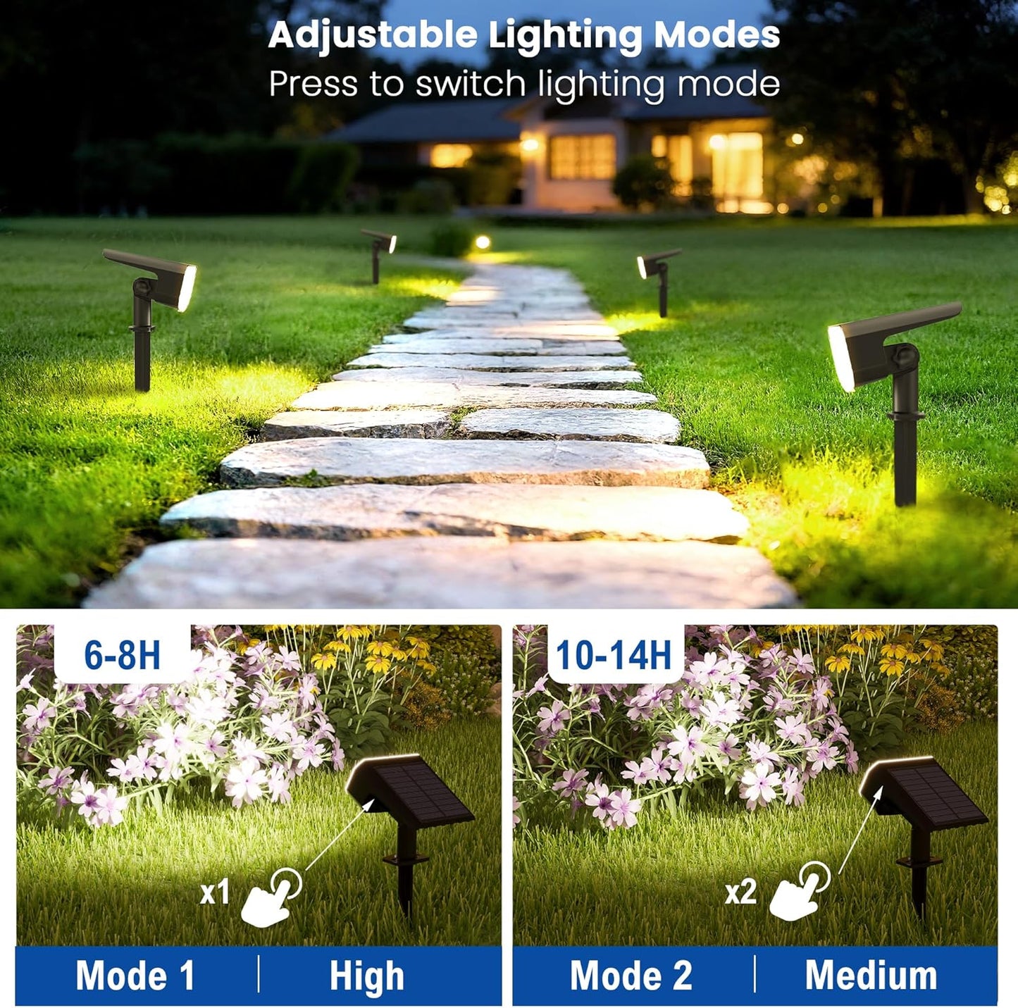 JEJOT Solar Spot Lights Outdoor Waterproof IP65,4 Pack,Cool Light,2 Lighting Modes Selectable, Solar Powered Yard Garden Solar Spot Lights for Outside Landscape Auto On/Off