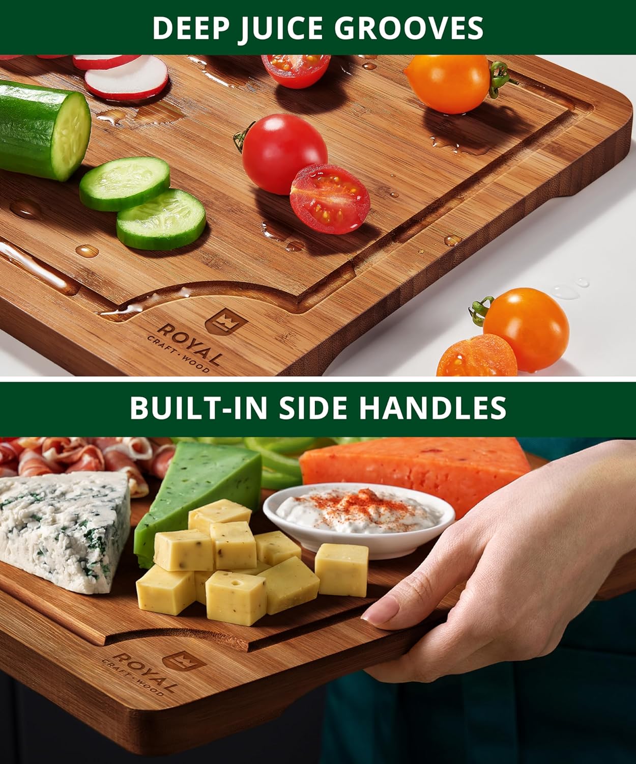 ROYAL CRAFT WOOD Wooden Cutting Boards for Kitchen Meal Prep & Serving - Non Toxic Bamboo Wood Cutting Board Set with Deep Juice Groove Side Handles - Charcuterie & Chopping Butcher Block for Meat