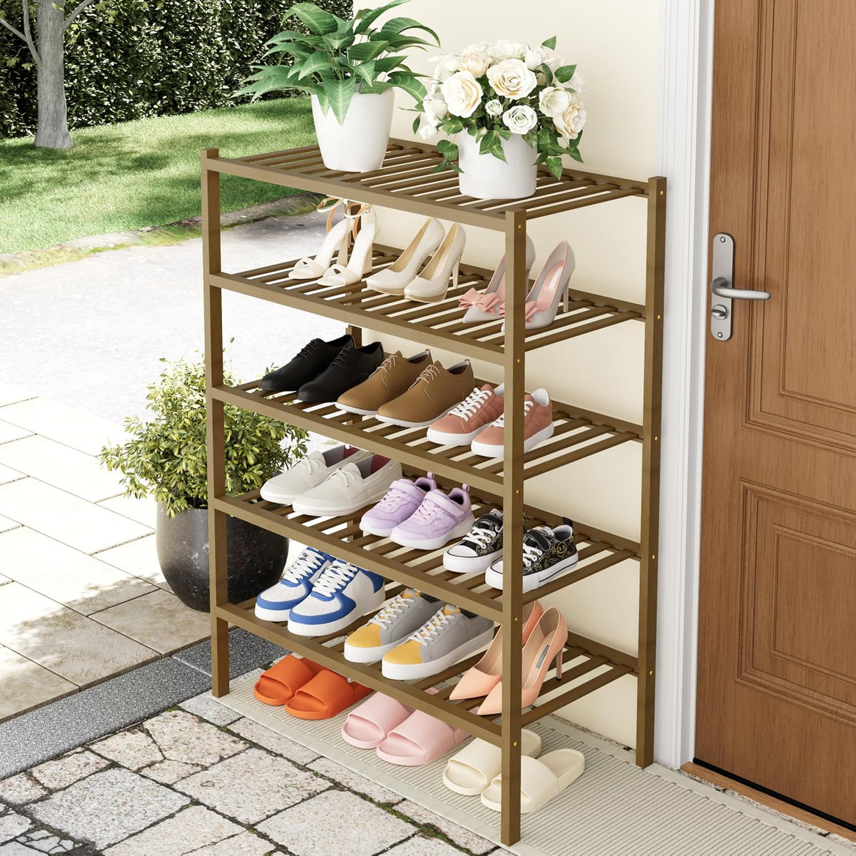 Smiry Bamboo Shoe Rack, 14 Vertical Slats, 5 Tier - 26.8" Wide, Walnut