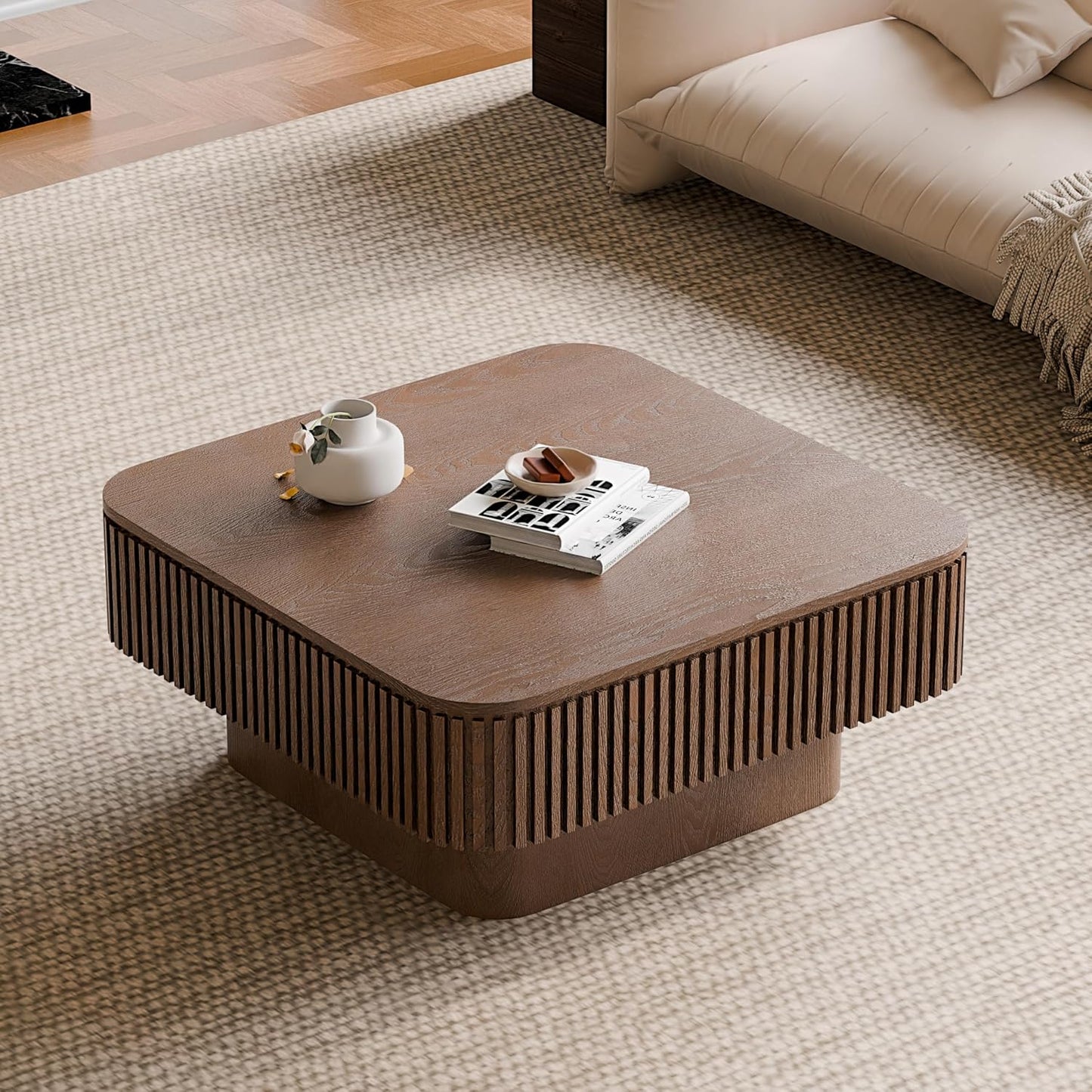 31.5" Square Coffee Table with Hidden Storage Compartment, Modern Handcraft Fluted Drum Coffee Table, Wooden Square Center Table Cocktail Tea Table with Sturdy Pedestal for Living Room,Walnut