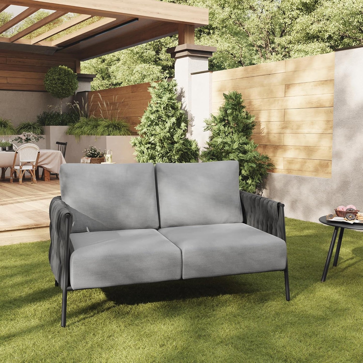 EAST OAK Life Chatter Loveseat, Outdoor Furniture, 2 Seats Sofa with Thick Washable Cushions, Deep Seating for Garden, Porch, Balcony, Backyard, Earth Black & Misty Grey