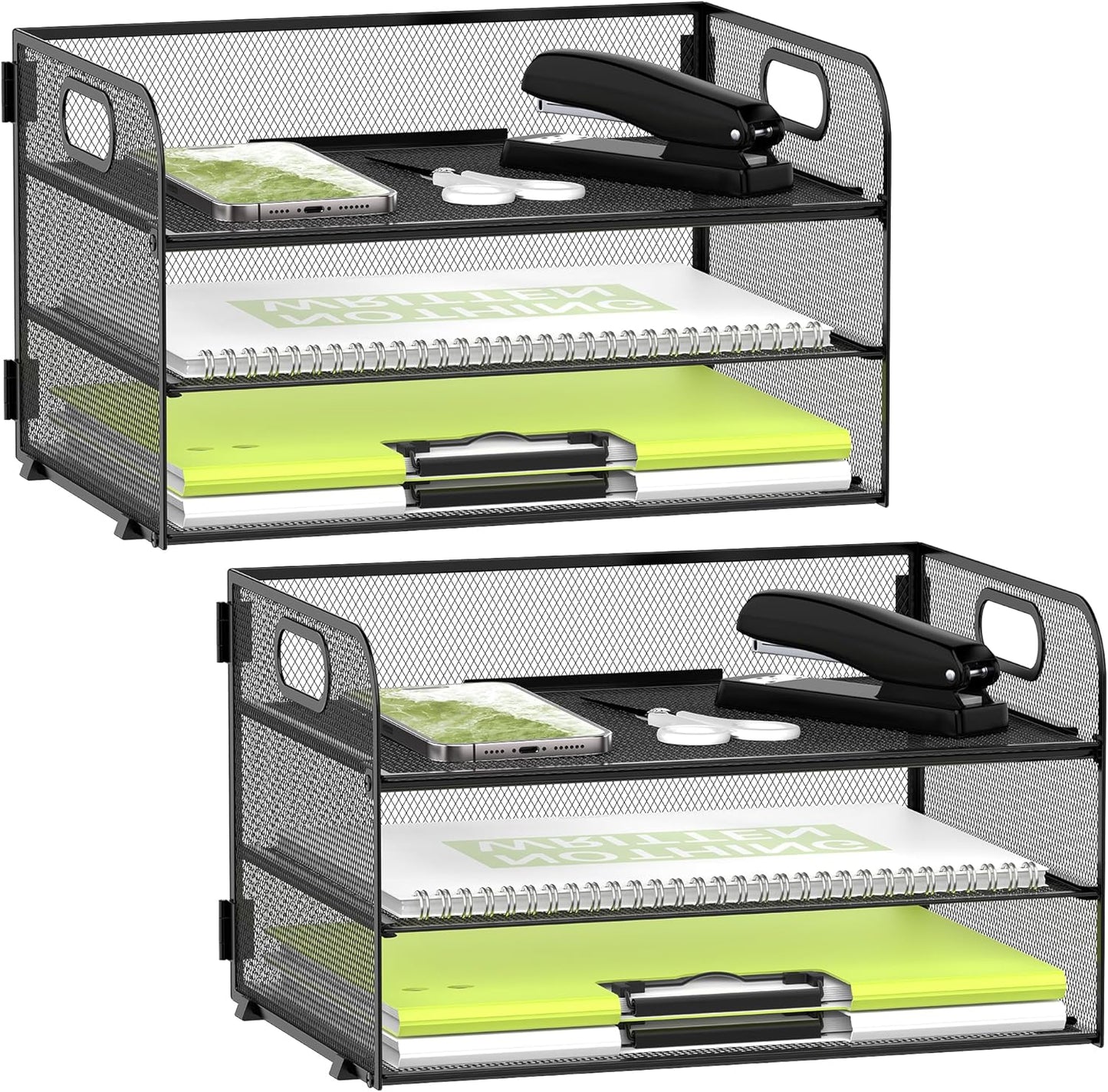 DALTACK 3 Tier Paper Organizer with Handle, Mesh Metal Desk Organizer with Sliding Paper Trays for Letter/A4 Paper, Mail, Bills & Folders, Black 2 Pack