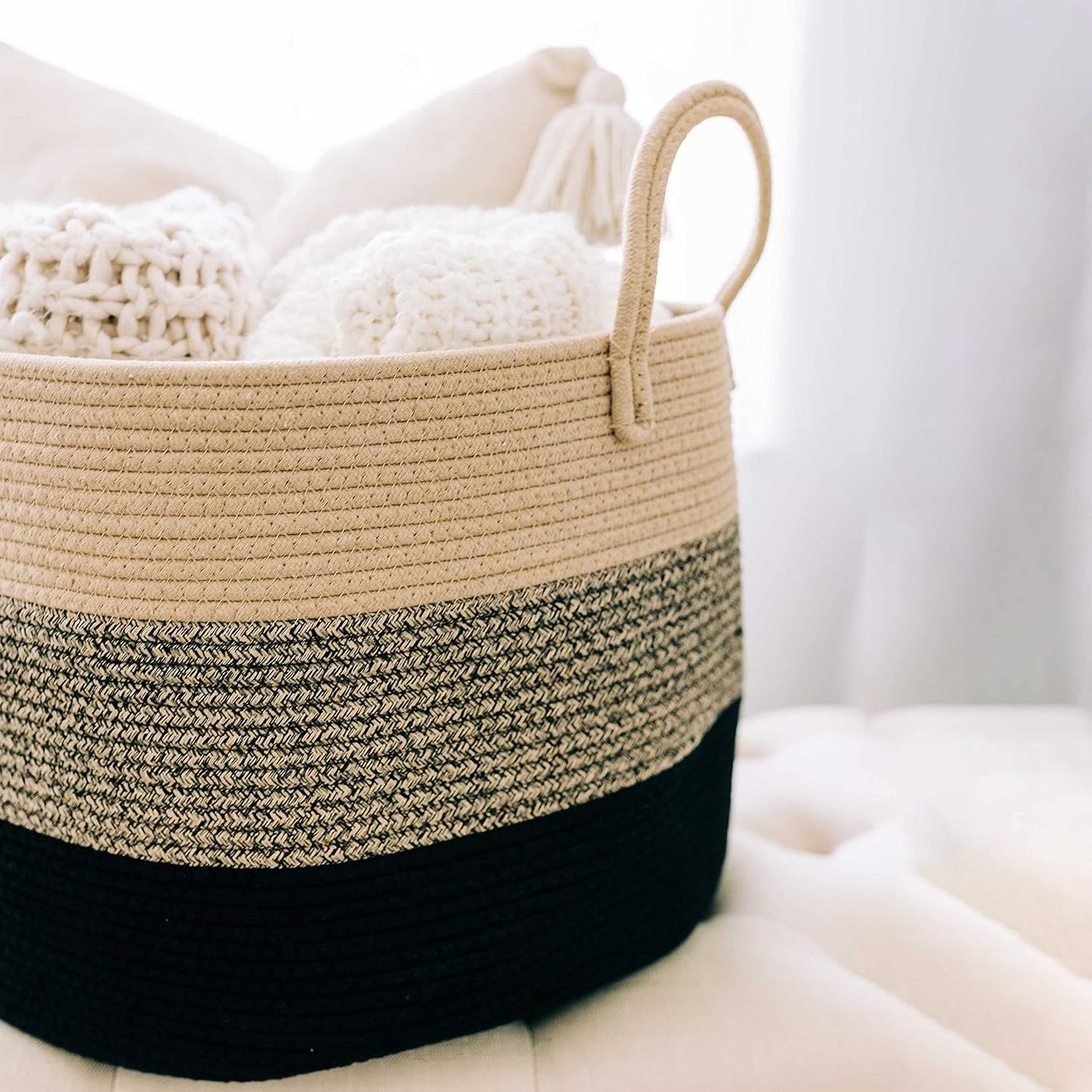 OrganiHaus Round Toy Basket & Blanket Basket, Cotton Rope 20x13" | 3-Toned Brown - Round Cotton Rope Basket, 20x13"