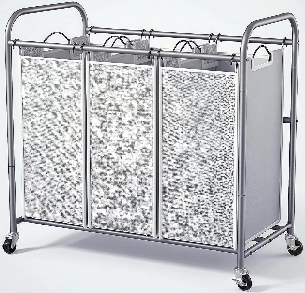 ROMOON Laundry Sorter Hamper with Hanging Bar, 3 Section Rolling Laundry Cart with Clothes Rack & Heavy-Duty Lockable Wheels, Divided Laundry Basket Organizer for Apartment & Small Spaces (135L Grey)