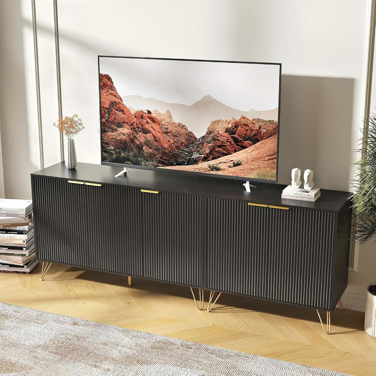 75 inch TV Stand with 5 Fluted Doors and Adjustable Shelves, Black丨Modern Entertainment Center Cabinet, Wood Media Console Storage Cabinets for Living Room Bedroom