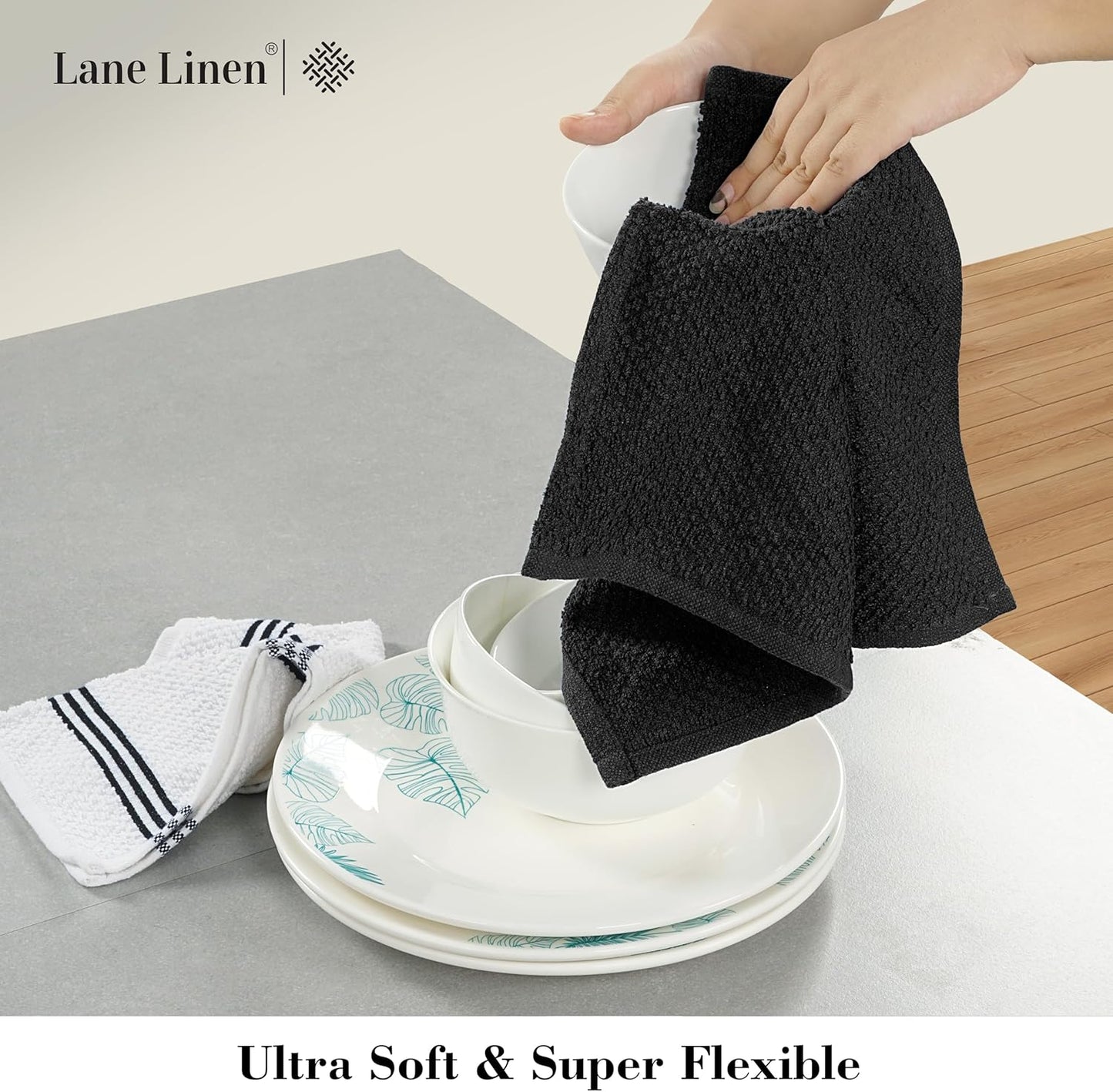 LANE LINEN 16-Piece Kitchen Towels & Dishcloths Set – Heat Resistant Silicone Oven Mitts, Pot Holder & Absorbent Terry Dish Towels – Black