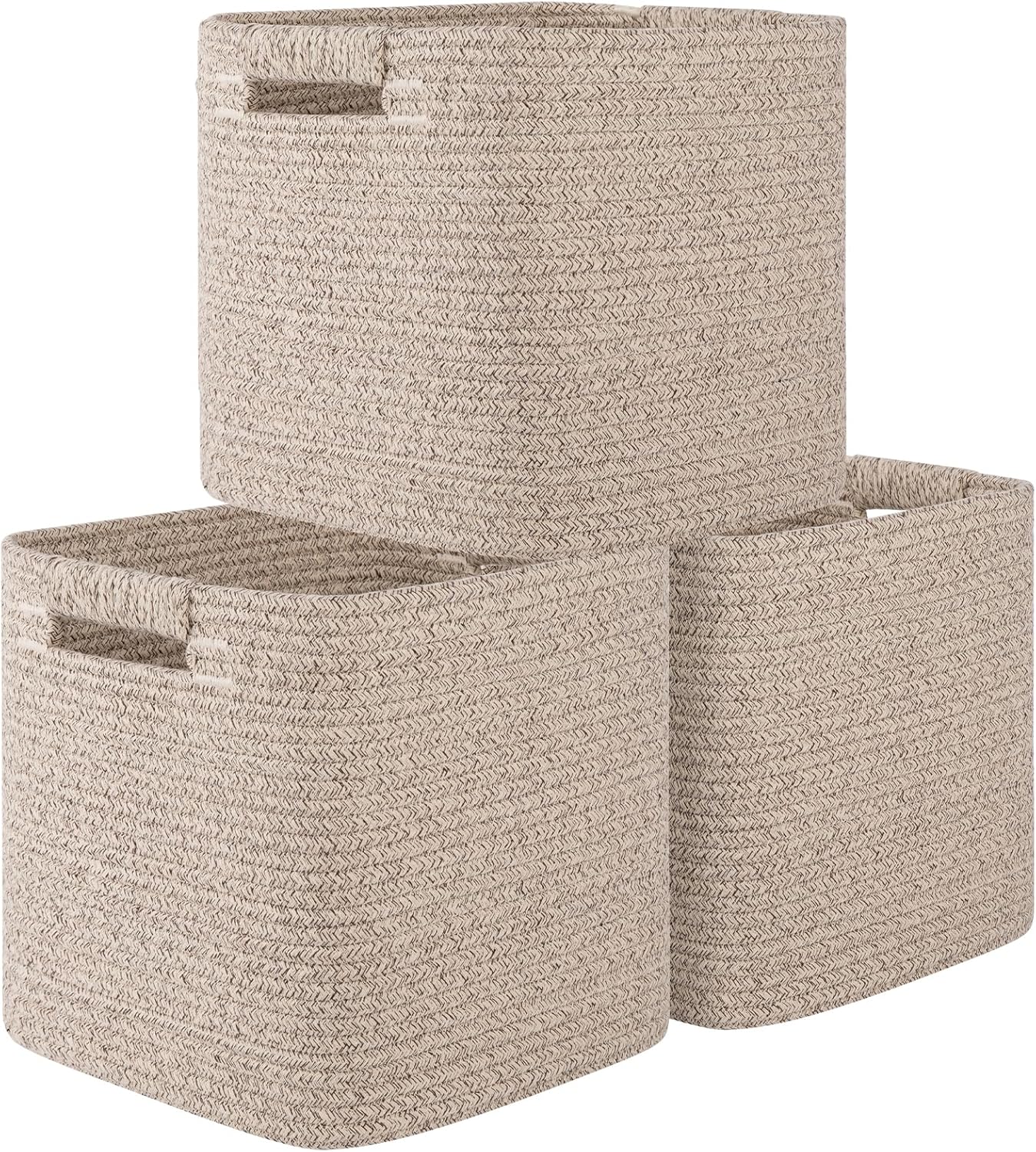 OIAHOMY Cube Storage Basket, 3-Pack Woven Cotton Rope Baskets for Storage, 11-Inch Cube Basket with Handles, Great for Shelves, Closets, Children's Toy Storage and Organization-White & Blue