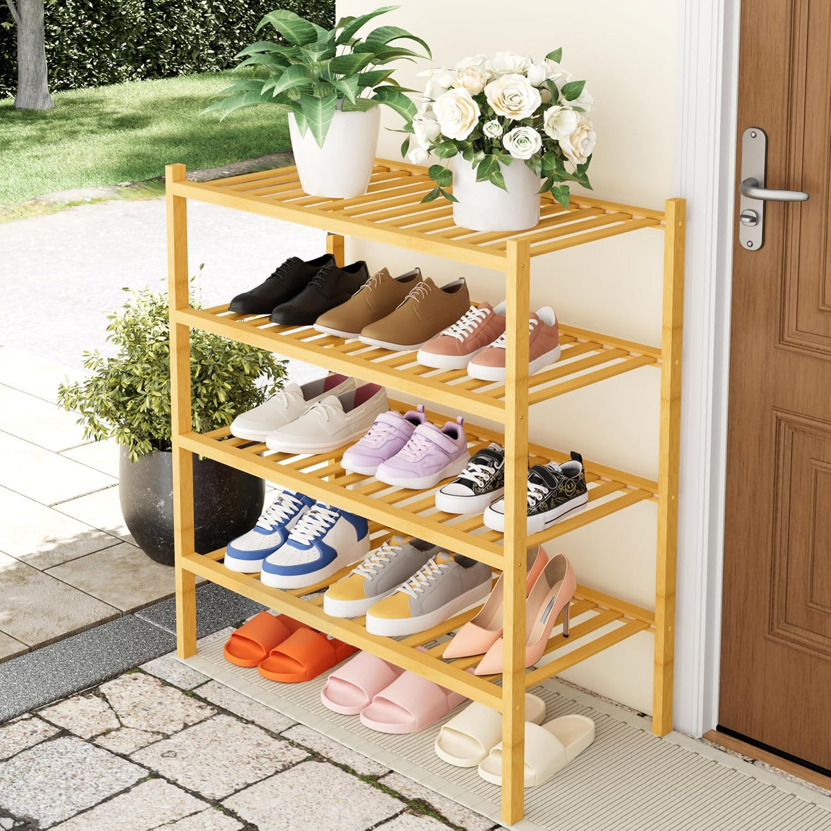 Smiry Bamboo Shoe Rack, 14 Vertical Slats, 4 Tier - 26.8" Wide, Natural