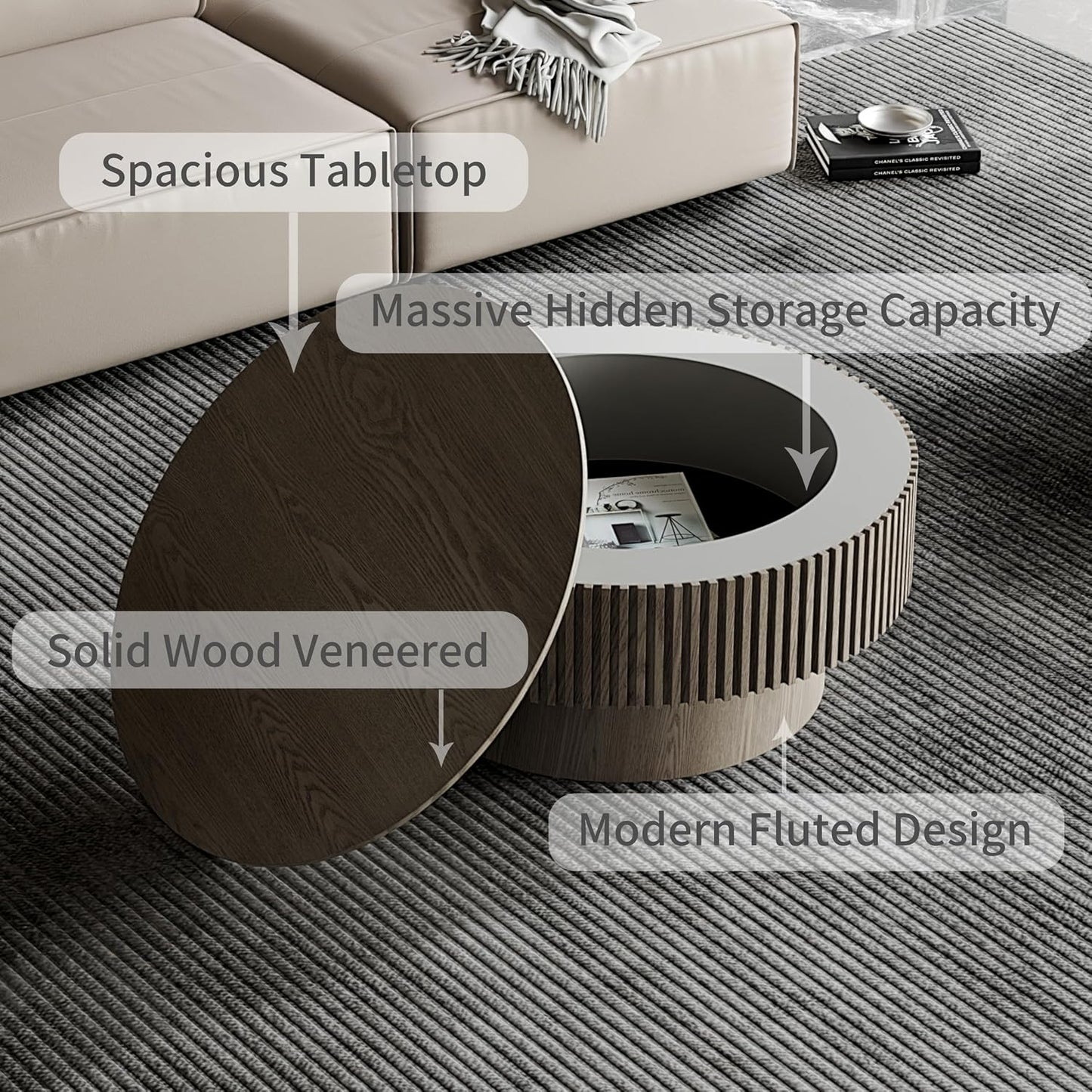 31.5" Round Coffee Table with Hidden Storage Compartment, Modern Handcraft Fluted Drum Coffee Table, Wooden Circle Center Table Cocktail Tea Table with Sturdy Pedestal for Living Room, Grey