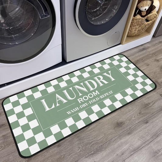 ROMAMIGO Laundry Room Rug Runner Non Slip Laundry Mats Mudroom Laundromat Runner Farmhouse Kitchen Floor Mat Bathroom Laundry Room Decor Accessories(20 X 47 inch, Green Checkerboard)