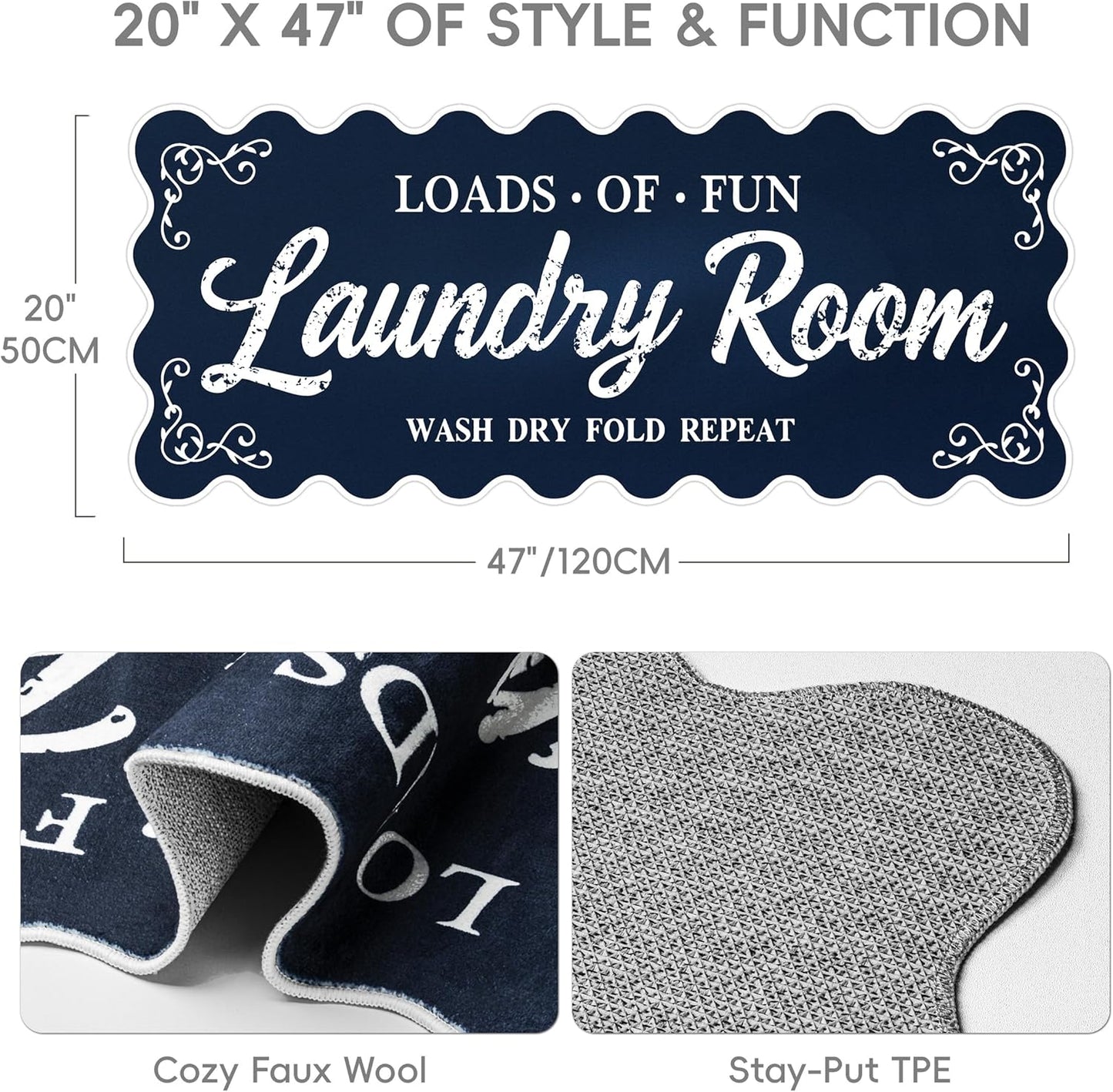 Laundry Runner Rug 20″x47″, Dark Blue Scalloped Non-Slip Washable Laundry Mat with TPE Backing – Soft Cushioned for Laundry Room Organization & Farmhouse Decor, Ideal for Kitchen, Mudroom & Bathroom