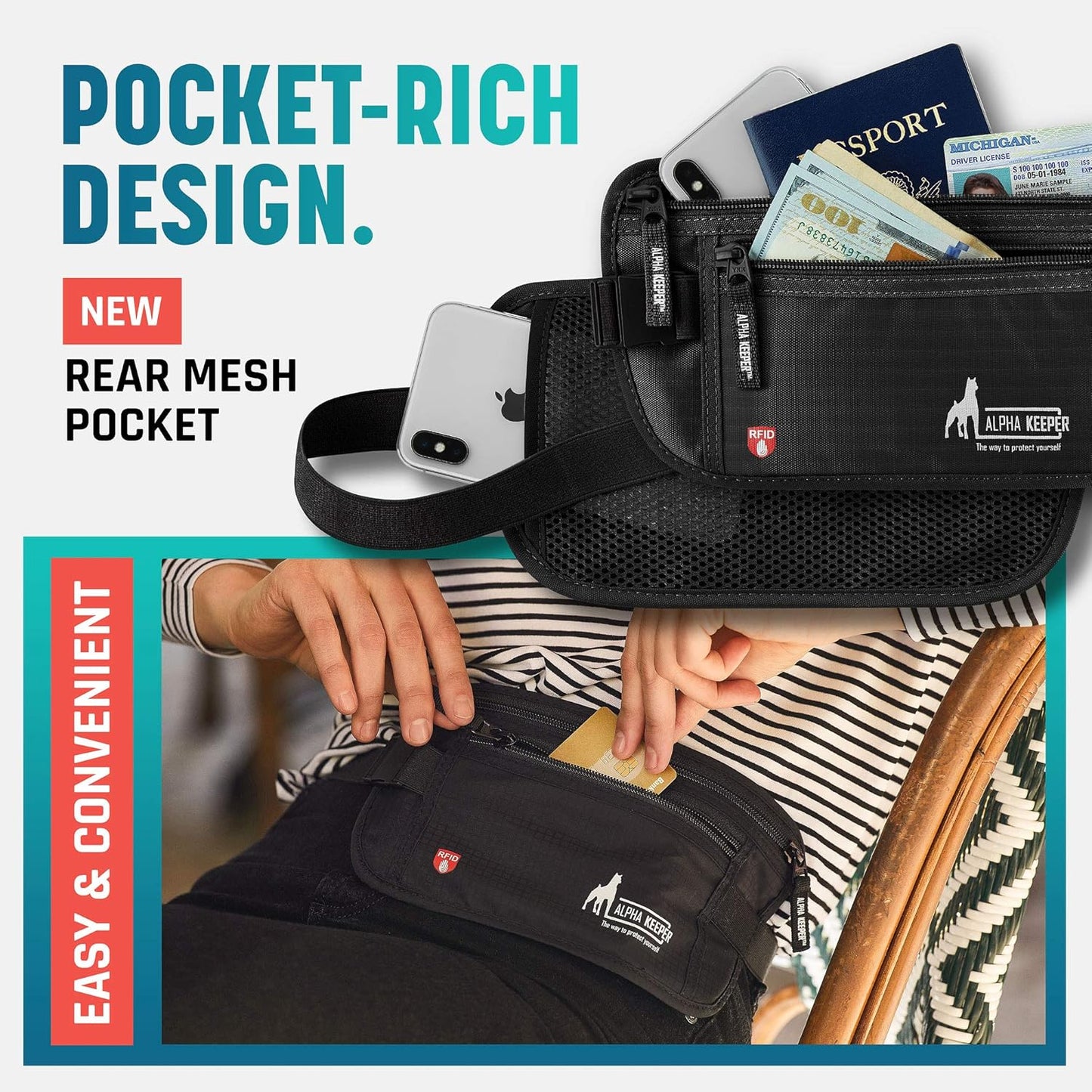 Alpha Keeper Money Belt for Travel Hidden RFID Blocking Passport Holder