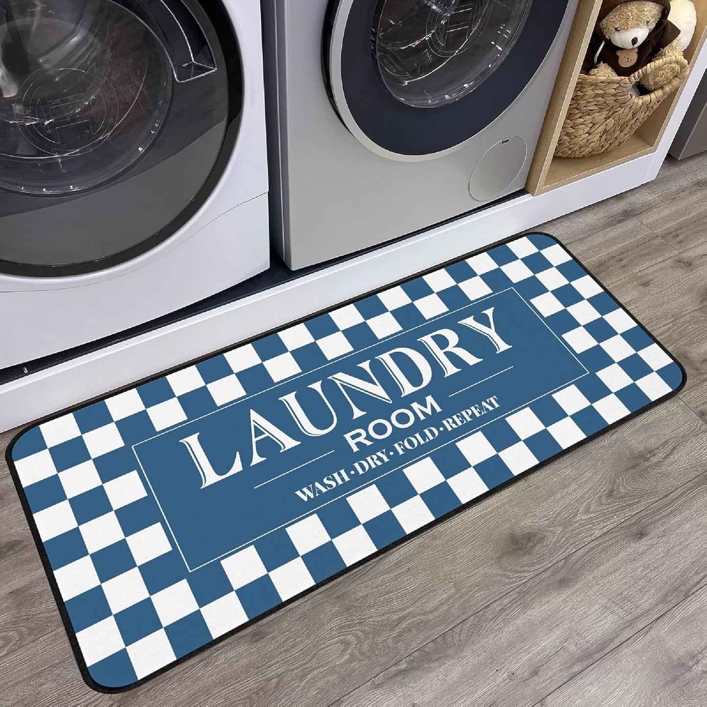 ROMAMIGO Laundry Room Rug Runner Non Slip Laundry Mats Mudroom Laundromat Runner Farmhouse Kitchen Floor Mat Bathroom Laundry Room Decor Accessories(20 X 47 inch, Blue Checkerboard)