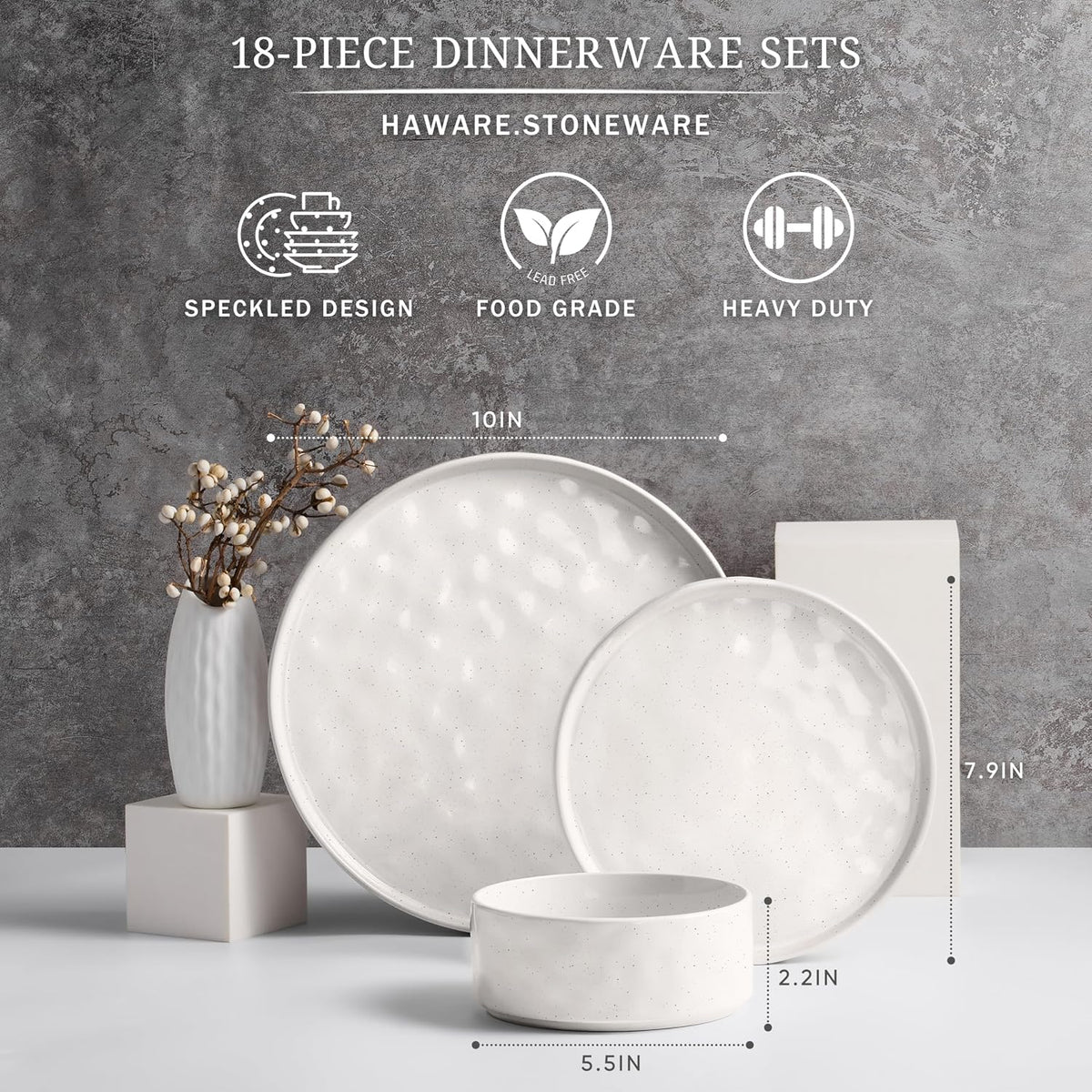 HaWare Dinnerware Sets, 18-Piece Plates and Bowls Set, Speckled White