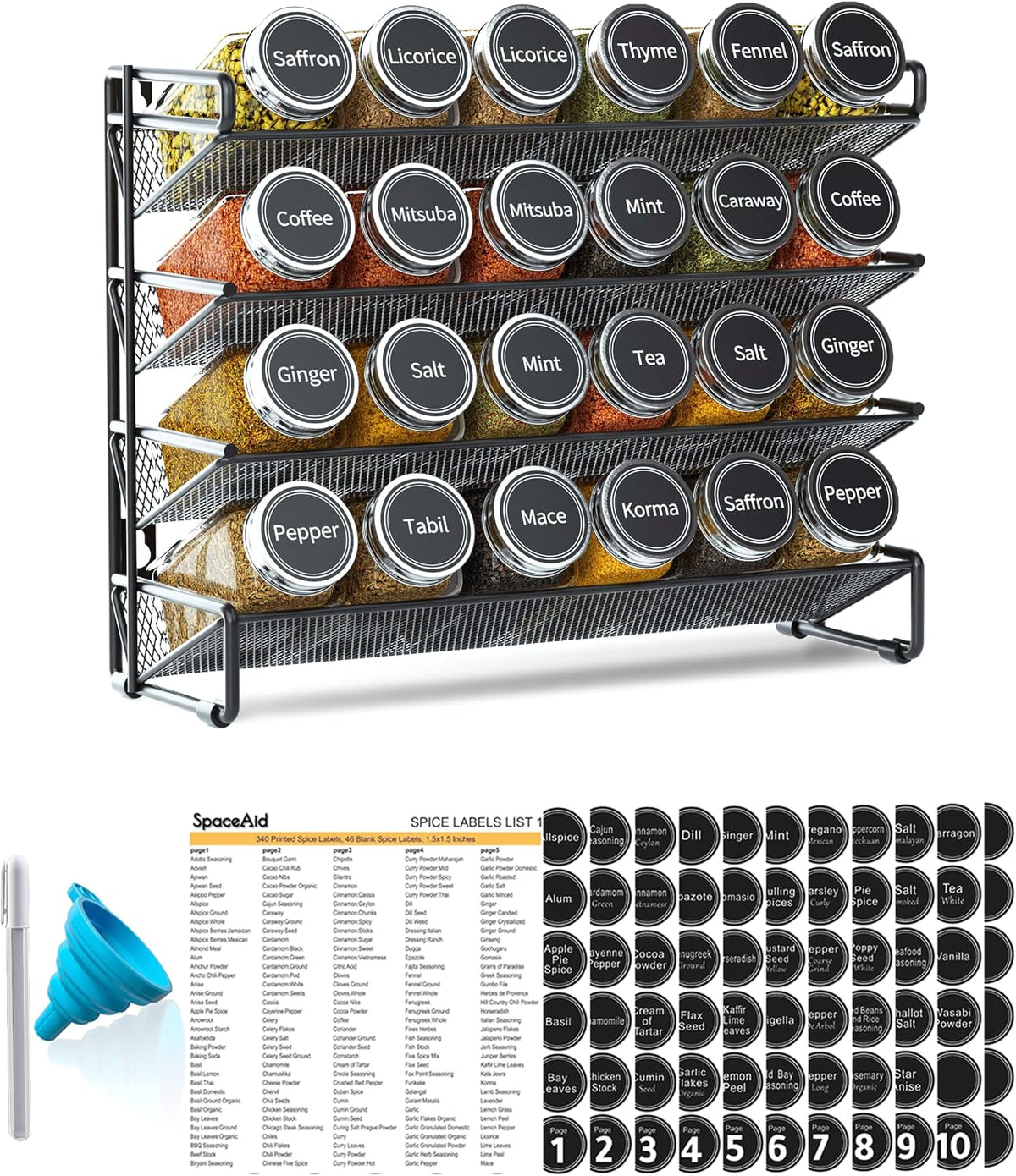 SpaceAid Spice Rack Organizer with 20 Spice Jars, 386 Spice Labels, Chalk Marker and Funnel Set for Cabinet, Countertop, Pantry, Cupboard or Door & Wall Mount - 20 Jars, 9.8" W × 10.8“H, Black