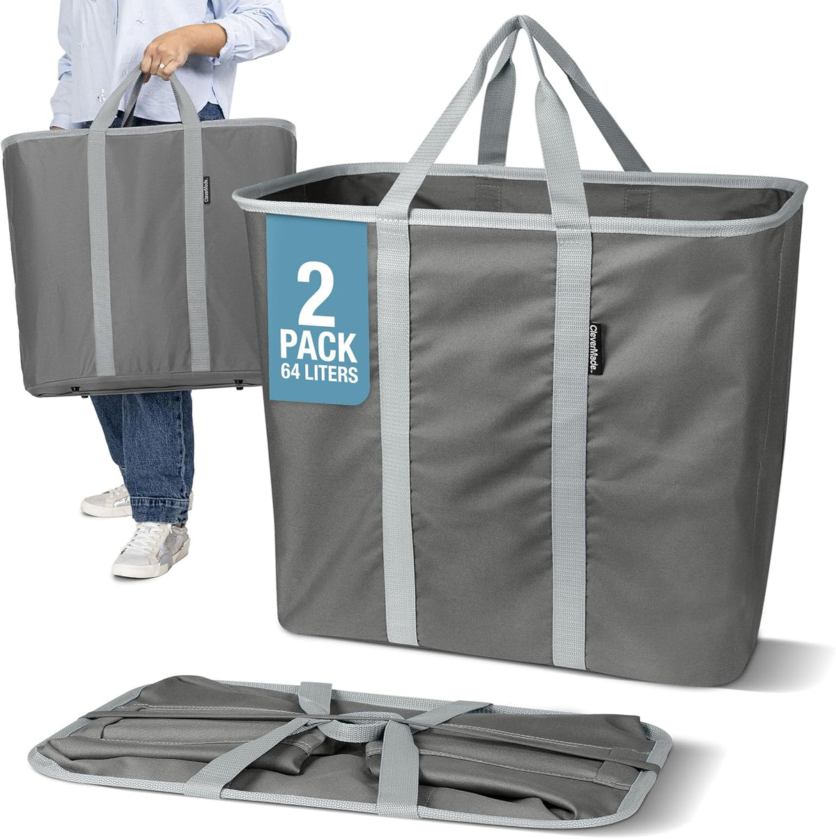 CleverMade Collapsible Laundry Caddy, 64L Pop-Up Hamper, 2 Pack, Charcoal