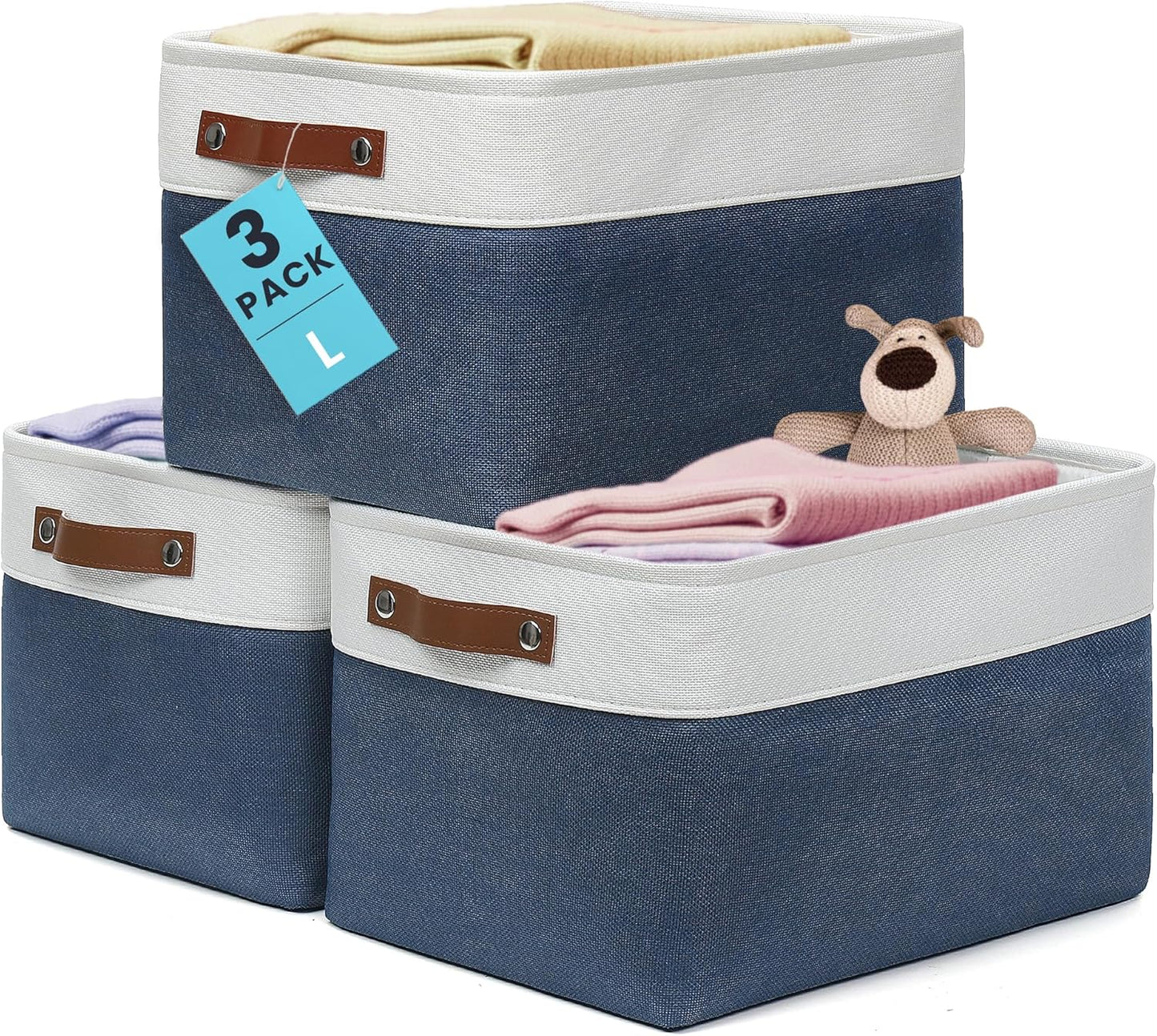 OrganiHaus 15x11in Canvas Storage Baskets 3 Pack | LARGE Fabric Bins for Shelves | Closet & Bedroom Storage | Navy Blue/Off-White