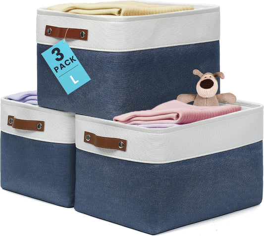 OrganiHaus 15x11in Canvas Storage Baskets 3 Pack | LARGE Fabric Bins for Shelves | Closet & Bedroom Storage | Navy Blue/Off-White