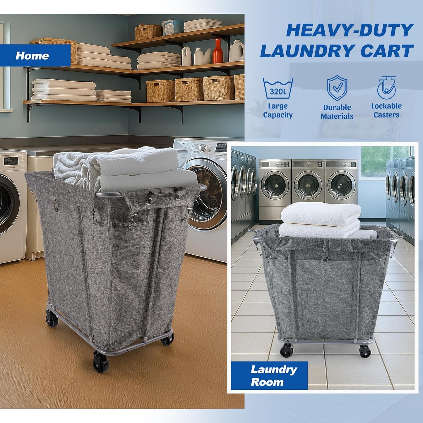 PLKOW Laundry Cart with Wheels 320L Large Rolling Laundry Cart for Commercial/Home, Rolling Laundry Basket with Steel Frame and Waterproof Lining, 9 Bushel, 32.3L x 19.7W x 30.7H Inch, Grey