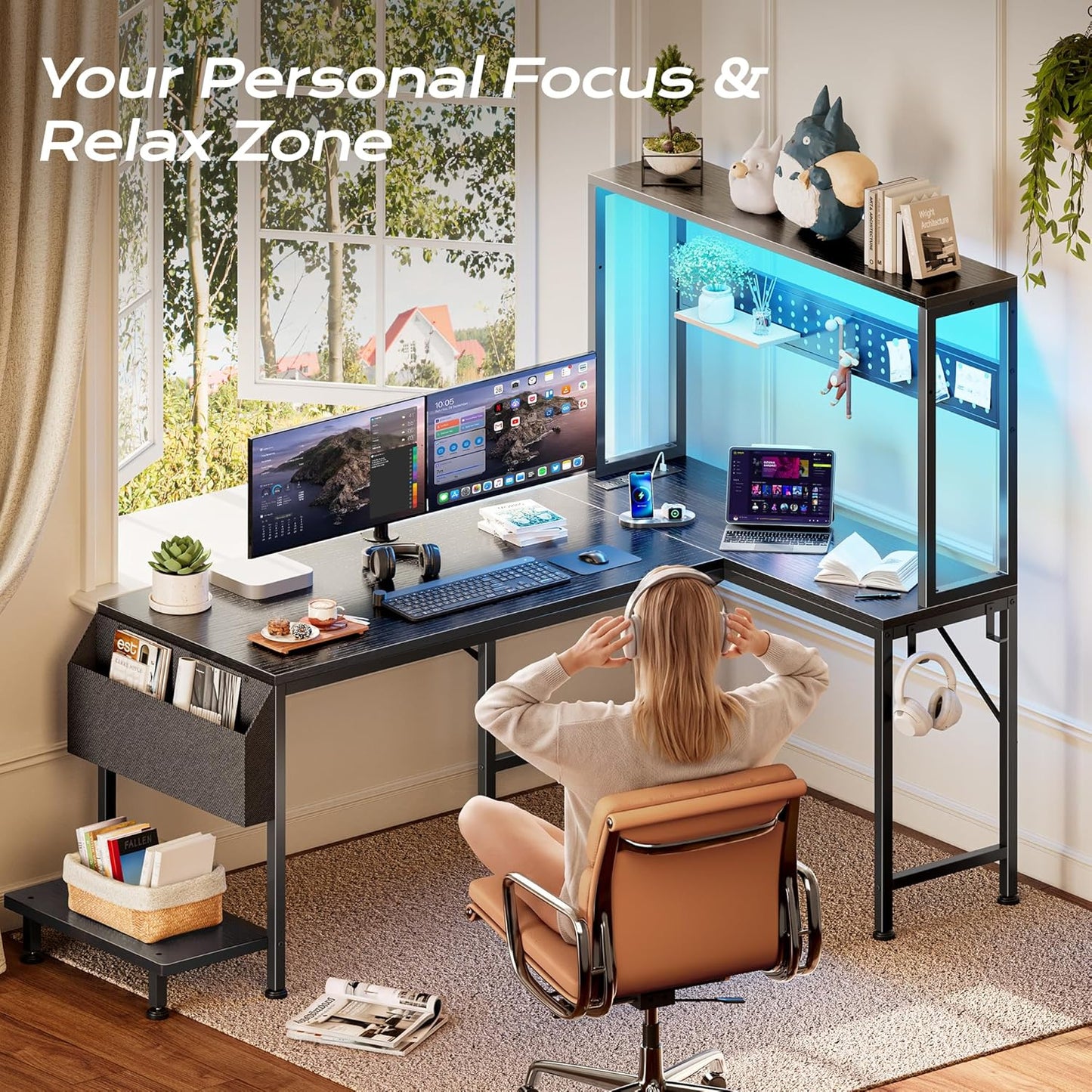 PRAISUN 51.2" L Shaped Gaming Desk with Power Outlets & USB-C Port, LED Lights, Computer Desk with Pegboard, Corner Desk with Storage Shelves & Bag, Office Desk with CPU Stand for Home Office, Black