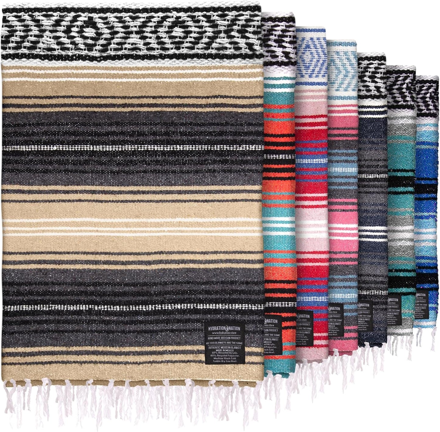 Hydration Nation Authentic Large Handwoven Mexican Striped Throw Blanket - Soft, Durable, Eco-Friendly - 70"x50" - Azure