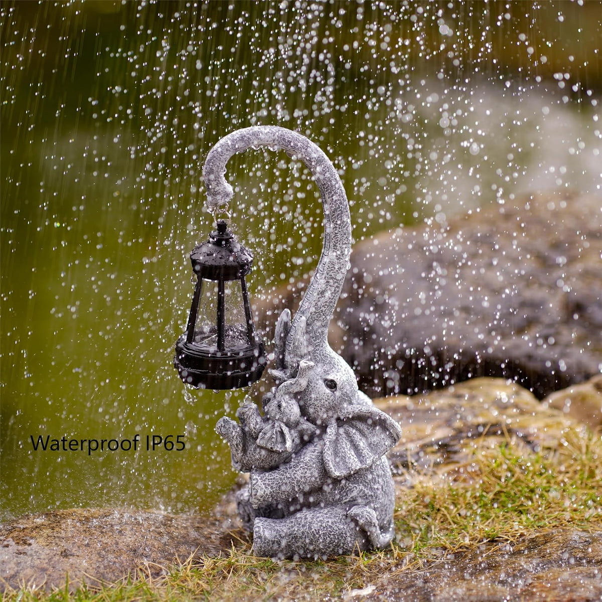 Pohabery Elephant Outdoor Statues with Cute Baby Garden Decor, Resin Elephant Figurines with Solar Lantern Outdoor Decoration Gifts for Mothers Day, Birthday Day