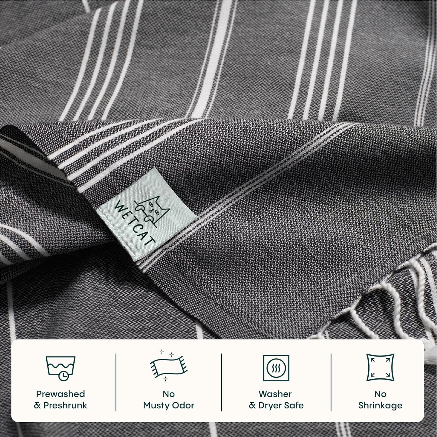 WETCAT Turkish Beach Towel Oversized (38"x71") 100% Turkish Cotton, Made in Turkey - Sand Free, Extra Large, Ultra Soft, Quick Drying, Compact & Lightweight for Travel - Black