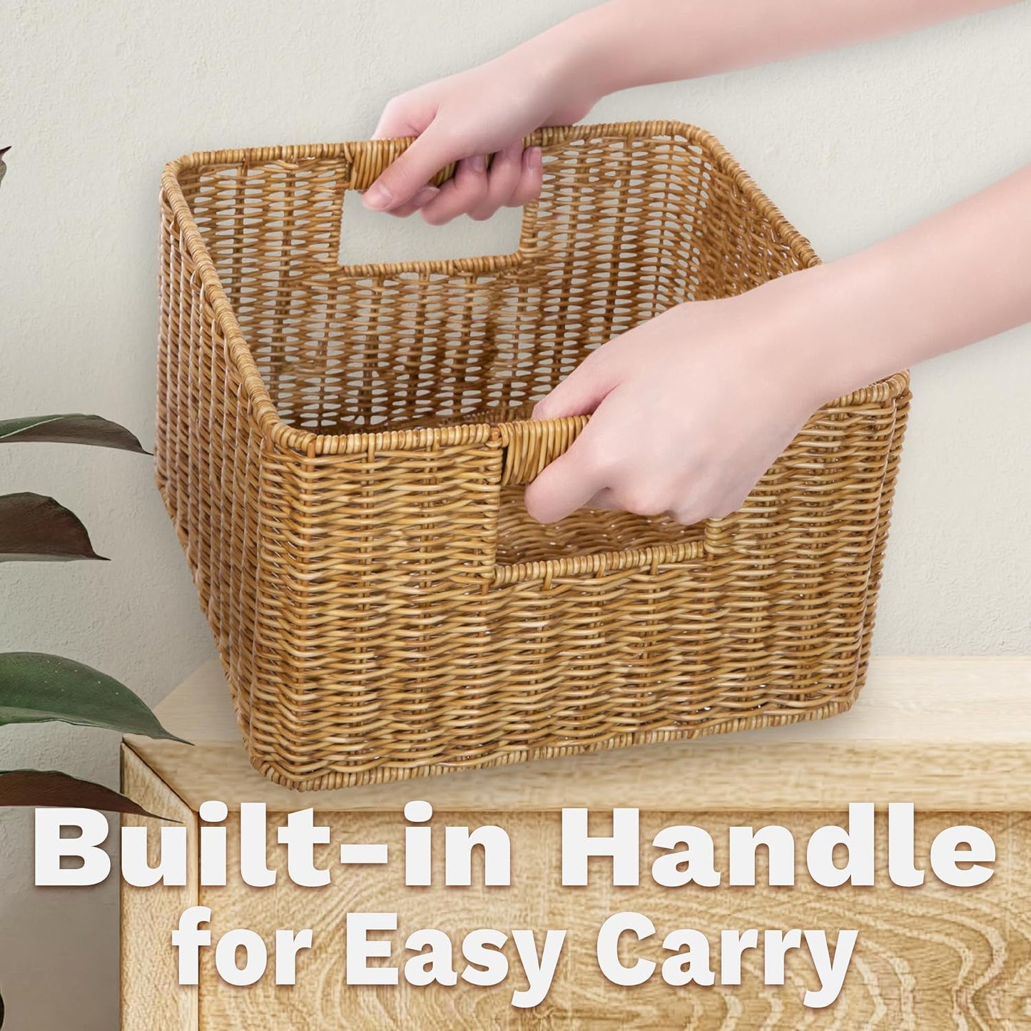 myHomeBody Wicker Storage Basket, Storage Cubes, Resin Wicker, Tan | Set of 3, Woven Baskets for Organizing, Wicker Baskets for Shelf, Large Cube Storage Organizer