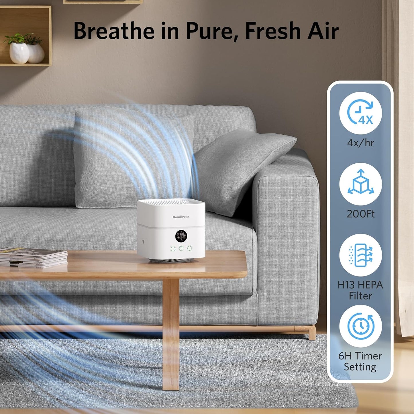 Air Purifier and Humidifier Combo for Bedroom, Covers Up to 200ft², H13 True HEPA Filter, 400ML Water Tank, Quiet Cool Mist Top Fill Essential Oil Diffuser for Baby, Pet Room, APP Control
