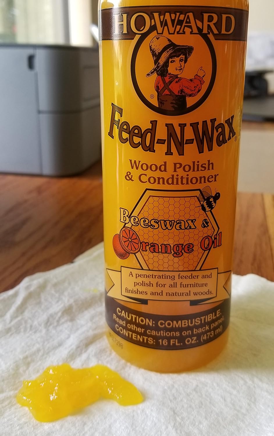Howard Products Beeswax Wood Polish & Conditioner, Feed-N-Wax, Beeswax Furniture Polish For Wood, 16 Oz, Orange