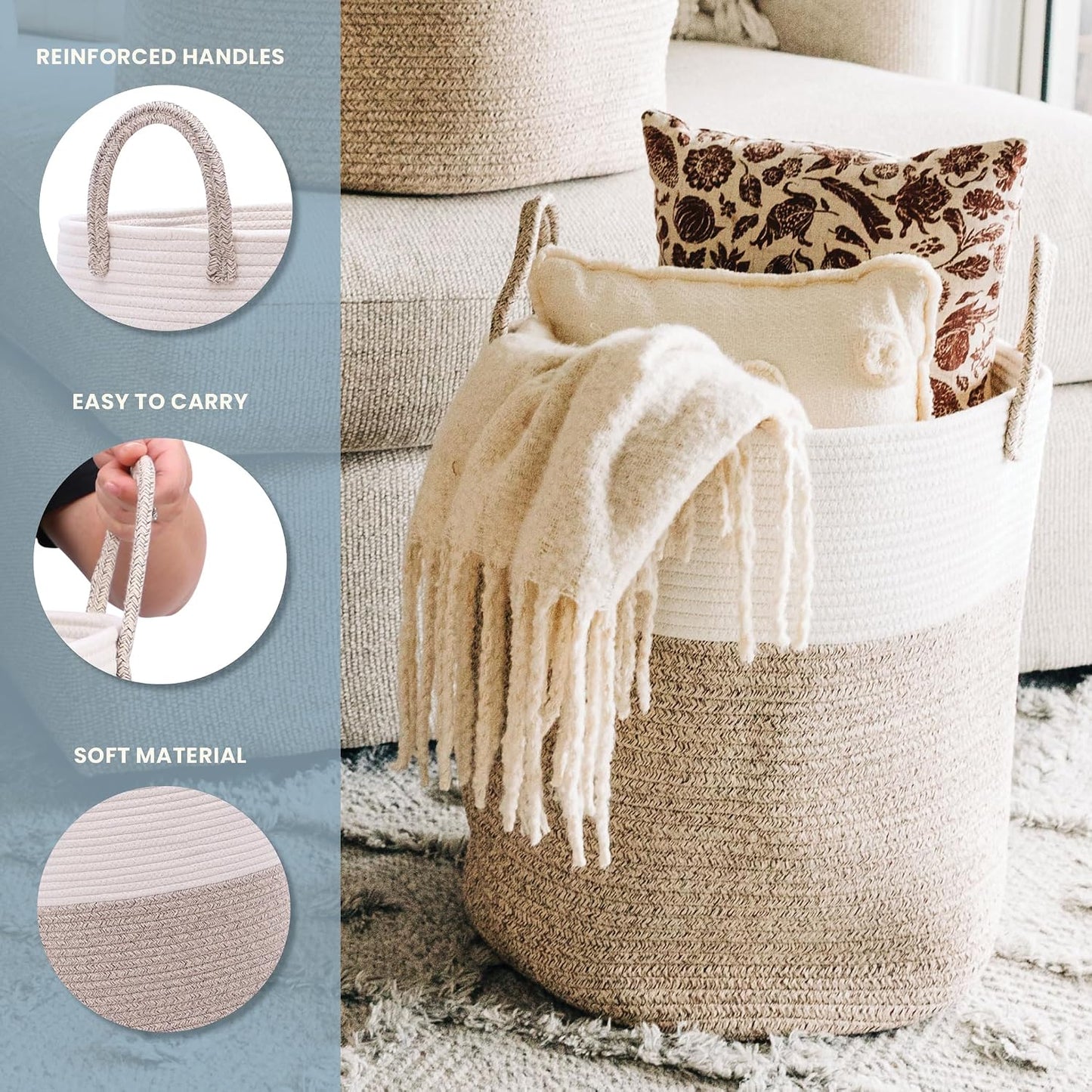 OrganiHaus Tall Cotton Rope Laundry Basket & Hamper, Blanket Storage 52L | Brown / Off-White - Tall Cotton Rope Hamper, 52L