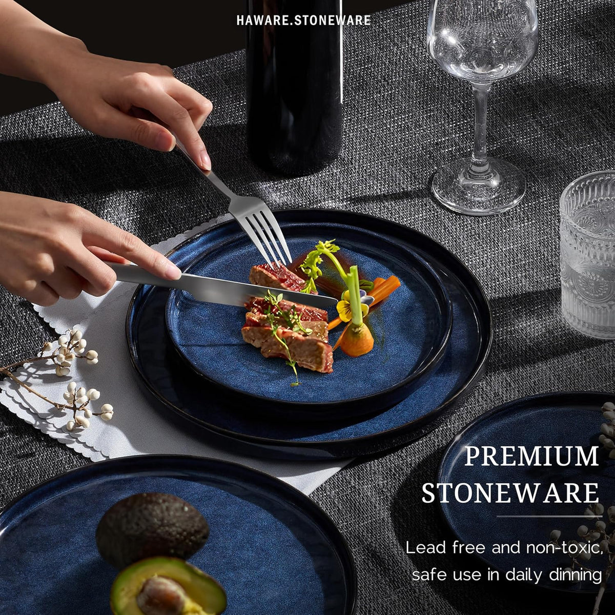 HaWare Dinnerware Sets, 18-Piece Plates and Bowls Set, Reactive Starry Blue
