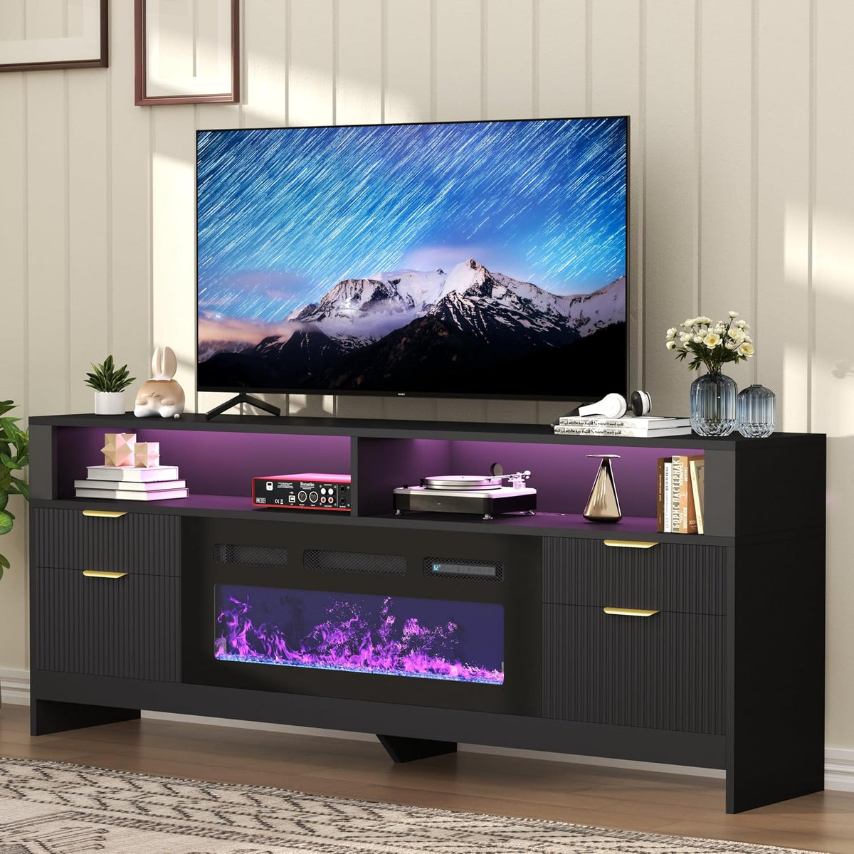 Fireplace TV Stand with 36" Fireplace Up to 80" TVs, 70" Entertainment Center with LED Lights, Storage Cabinets, Modern TV Console for Living Room,Bedroom (Black)