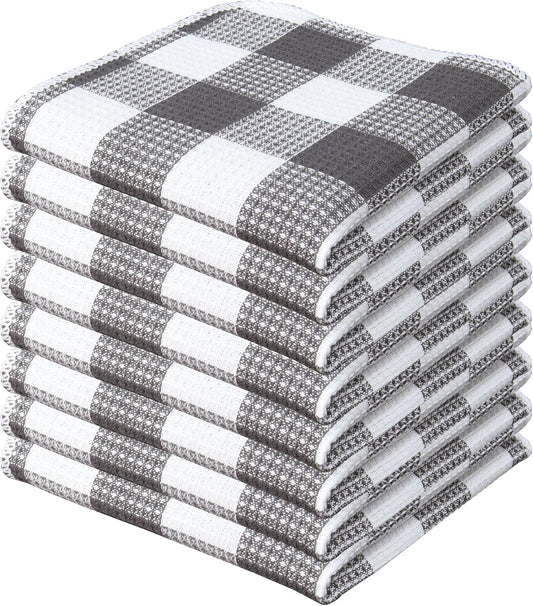Waffle Weave Plaid Dish Cloth, Dish Cloth 12x12"Set/ 8 - Steel Gray & White
