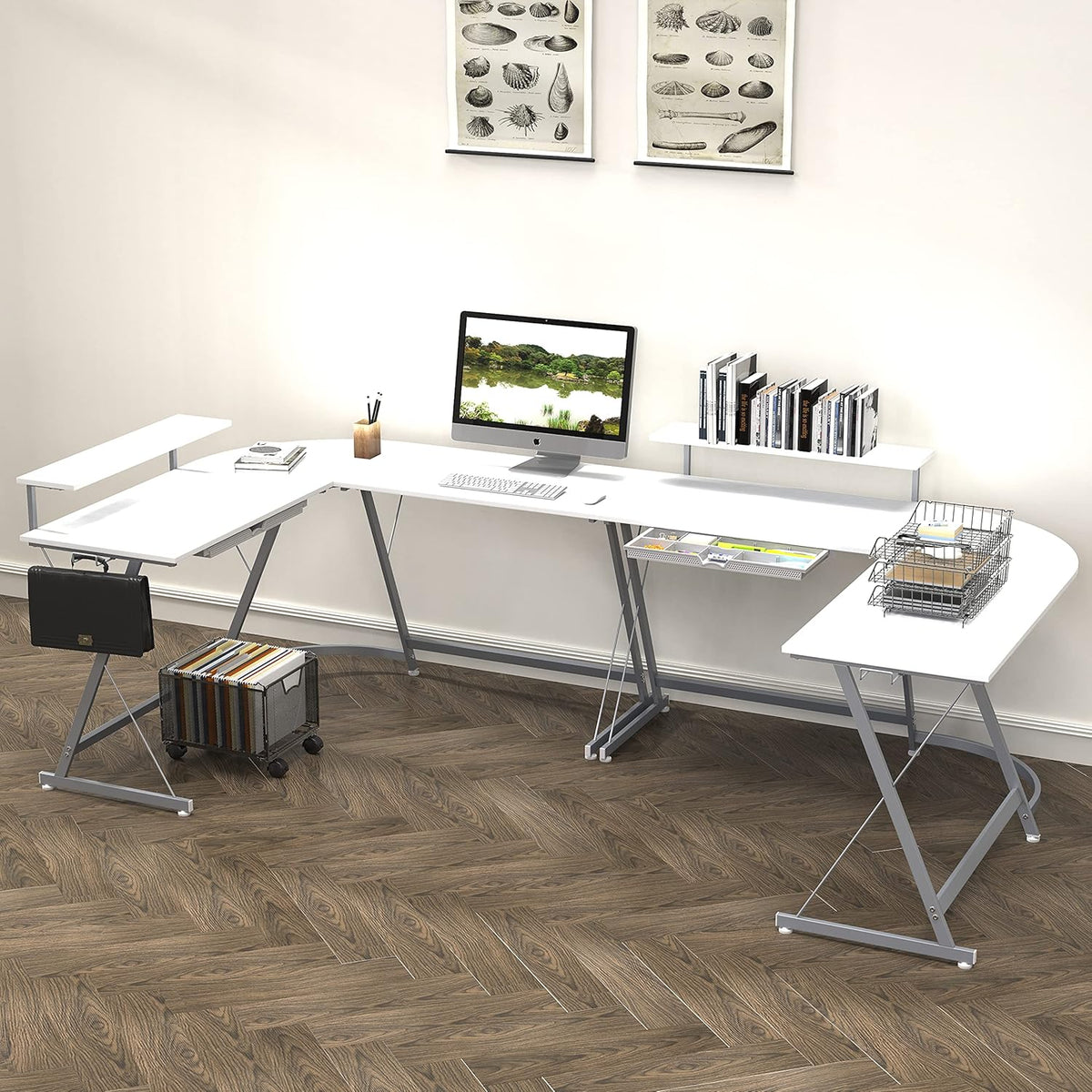 SHW 51 x 51 Inches Vista L-Shaped Desk with Monitor Stand and Drawer, White
