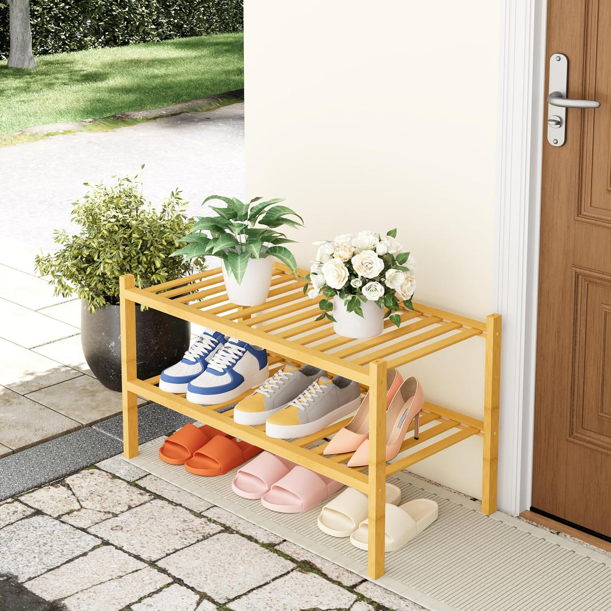 Smiry Bamboo Shoe Rack, 14 Vertical Slats, 2 Tier - 26.8" Wide, Natural