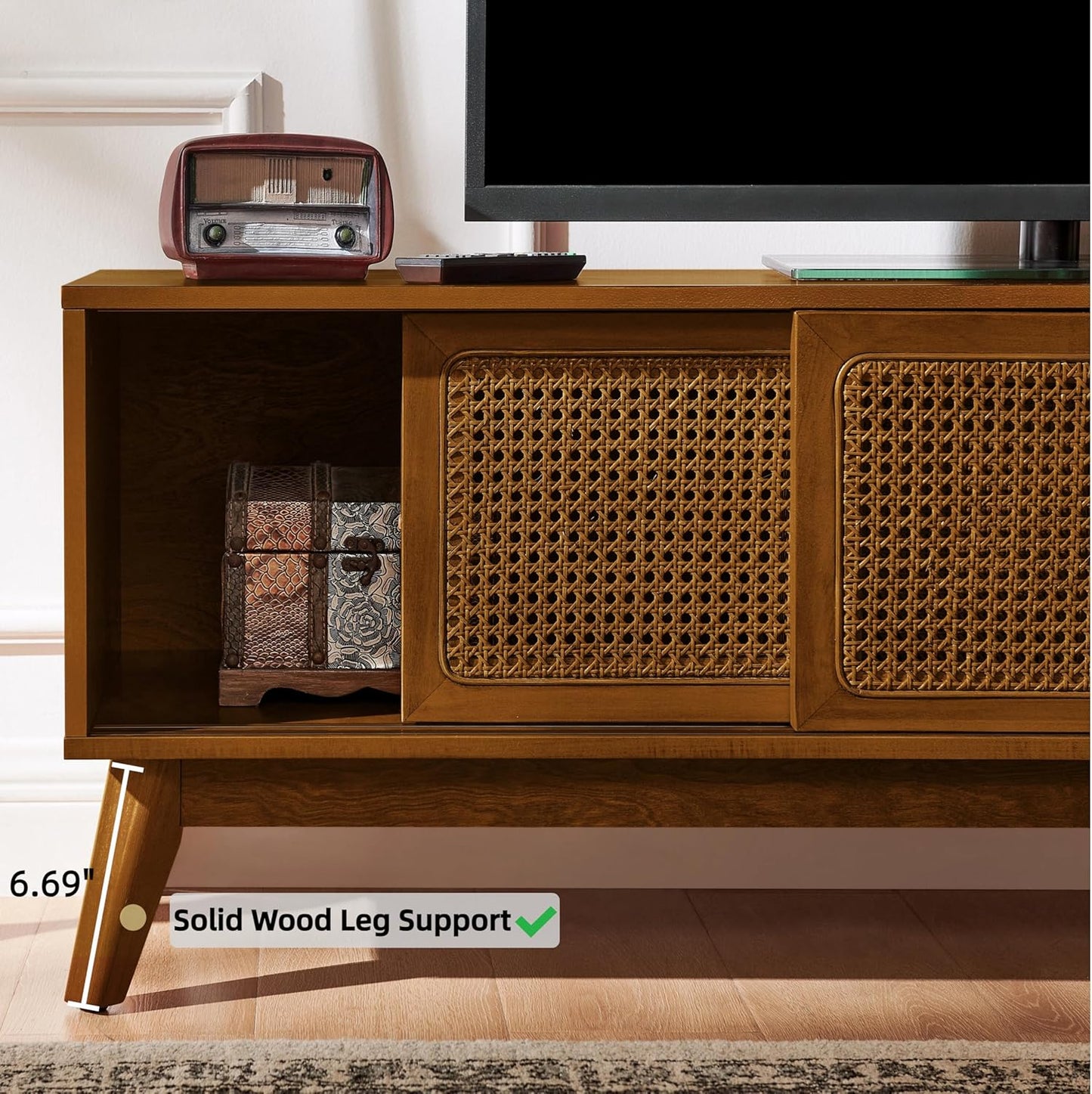 LKTART 59" Mid Century Modern TV Stand,Rattan Media Console for Living Room