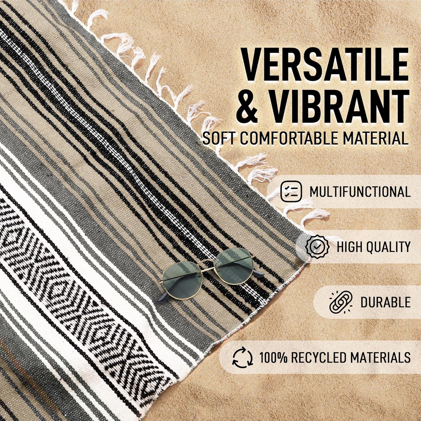 Hydration Nation Authentic Large Handwoven Mexican Blanket - Soft Yoga- Durable Serape- Lightweight Falsa, Beach, Camping, Picnic, Outdoor Blanket 70"x50" - Desert