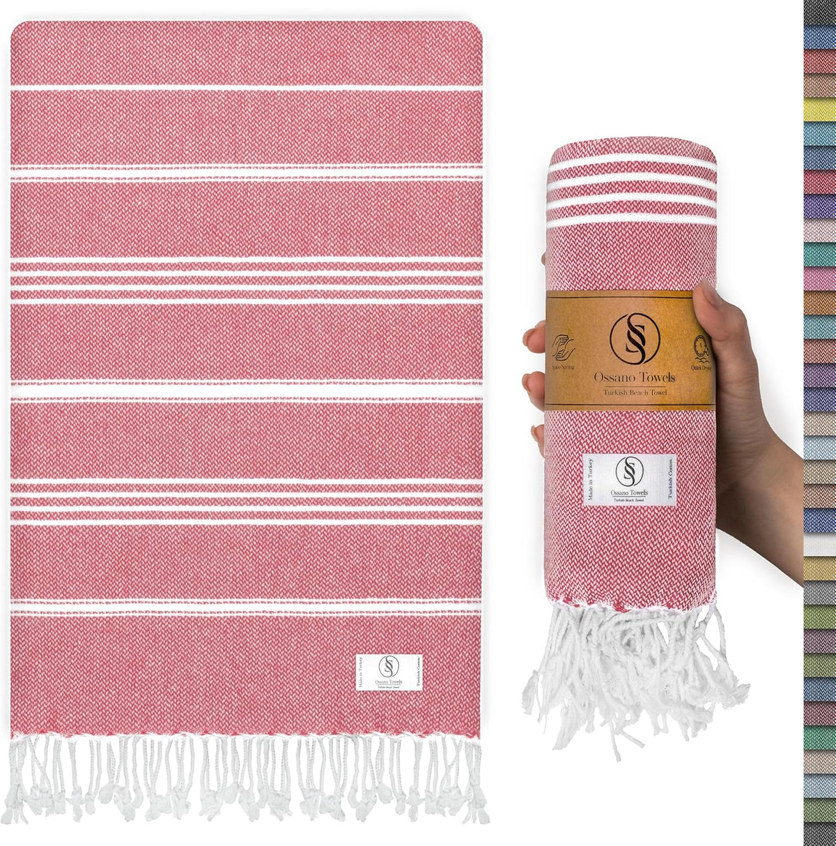 Ossano Cute Beach Towel - Quick Dry & Sand Free, Oversized (39" x 71"), Versatile, Perfect as Yoga Mat, Pool Towel, Turkish Towel, or Picnic Blanket - Coral